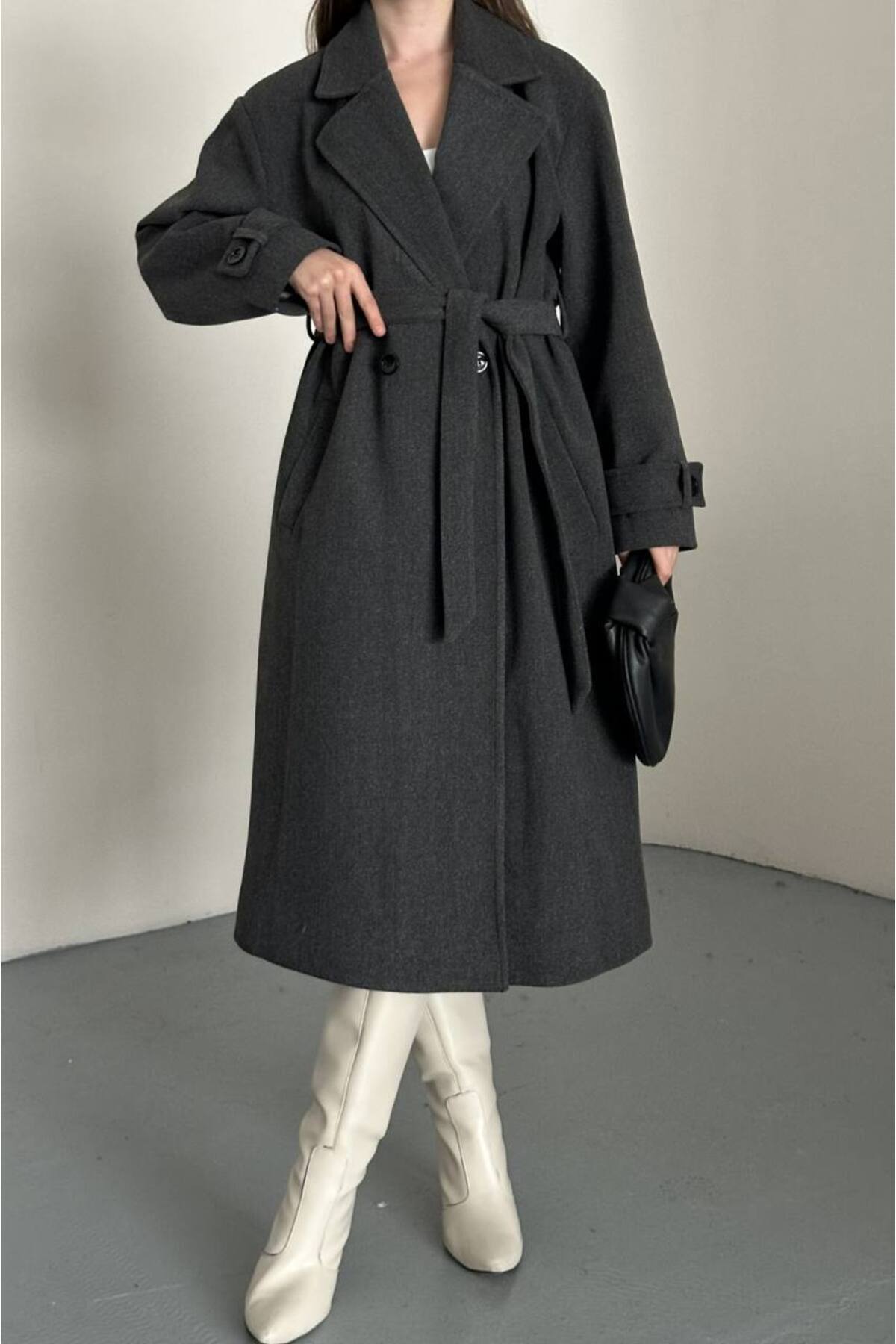 VESS MODA  Kadın Kuşak ve Düğmeli Uzun Kaşe Kaban Antrasit - Görsel 3