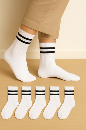 UZN SOCKS Unisex Beyaz Siyah Çizgili Kolej Stil Spor Çorap – 6’li Paket YÜKSE...