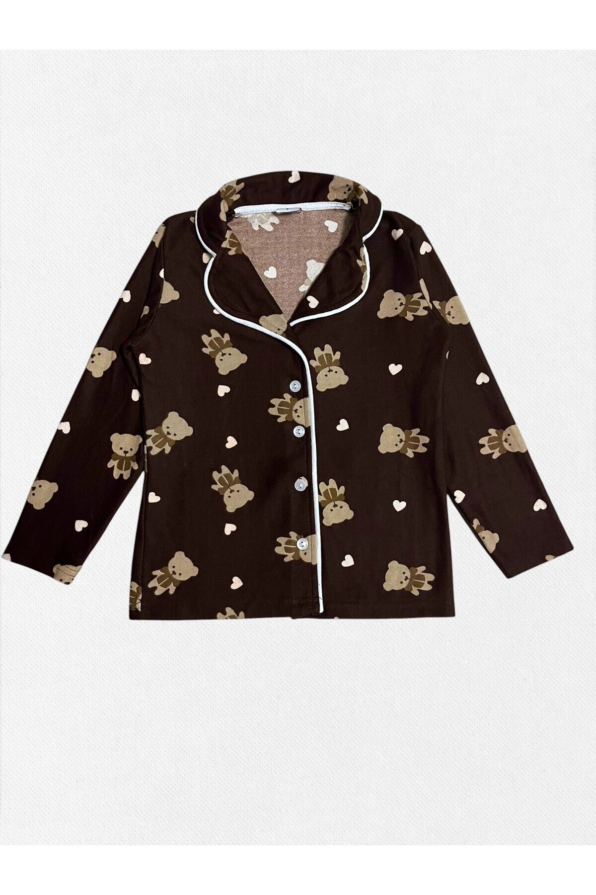 Fil Kids Anne-Kız Çocuk Pamuklu Süet Kahverengi Ayıcık Kalp Desenli Uzun Kol Gömlek Yaka Kışlık Pijama Takımı fotoğrafı 5 (önizleme)