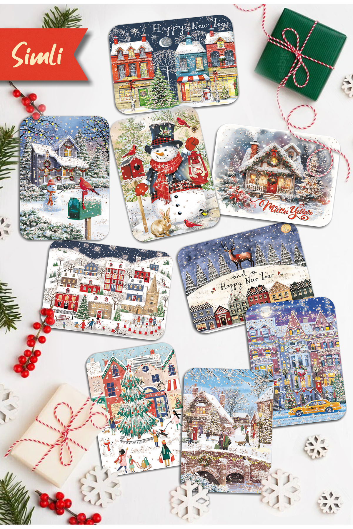 Mia Pera 9lu Simli Yılbaşı Kartpostal Seti Yeniyıl Manzara Kardan Adam Nostalji