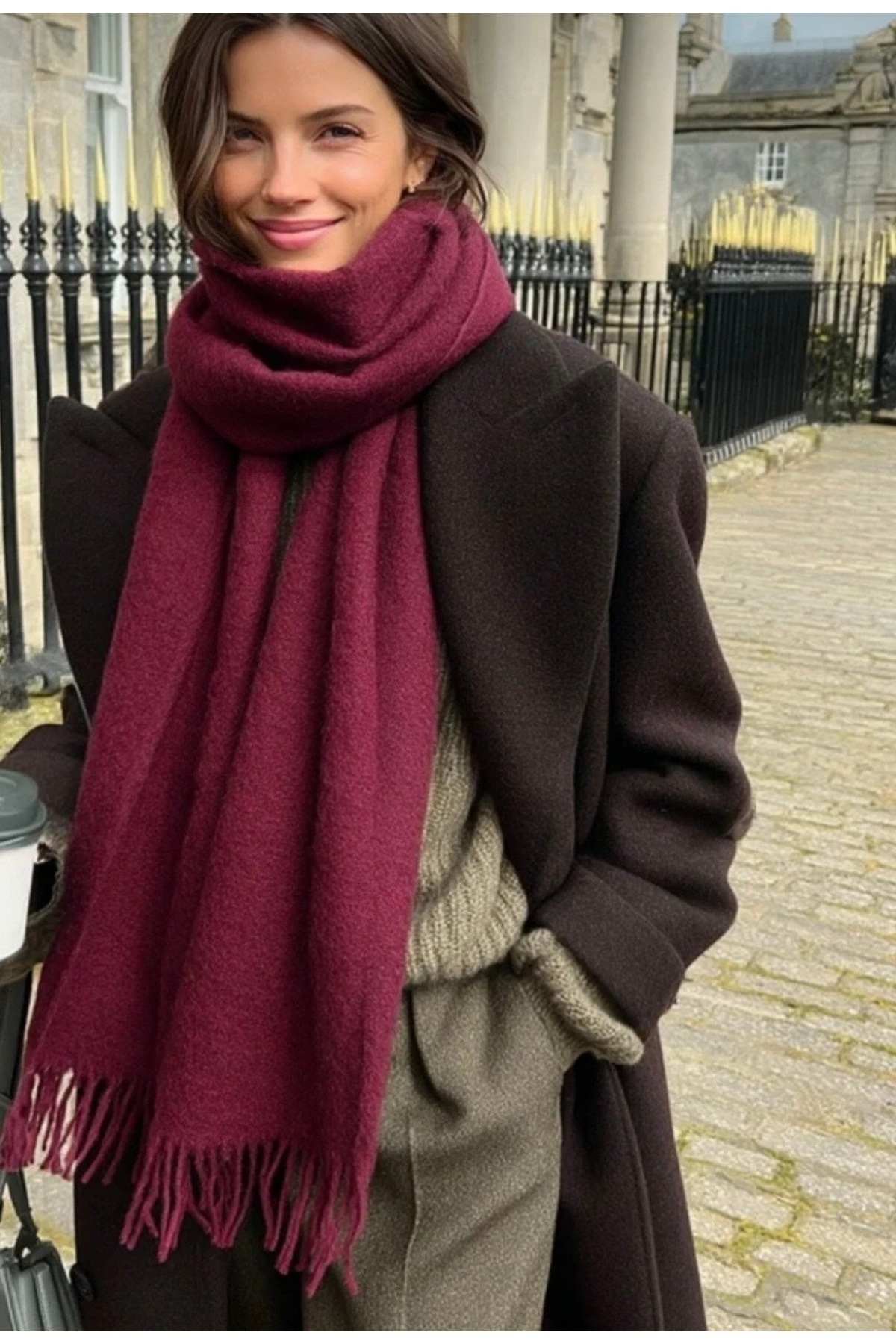 ZERAMİNE  Bordo Kadın Kışlık Püsküllü Atkı | Yumuşak Dokulu Kalın Şal - Soft Buklet Atkı - Makarna Model - Görsel 4