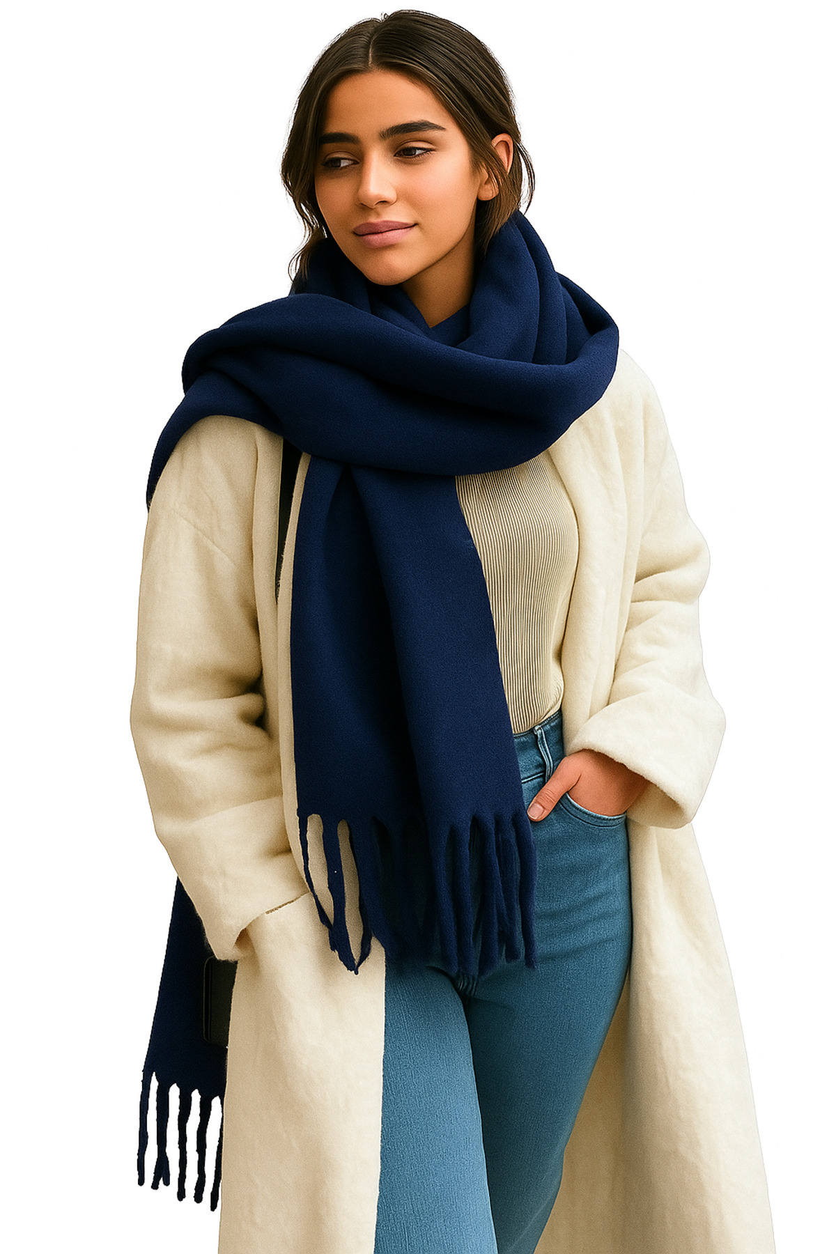 Genel Markalar  Lacivert Kadın Kışlık Püsküllü Atkı | Yumuşak Dokulu Kalın Şal - Soft Buklet Atkı - Makarna Model - Görsel 2