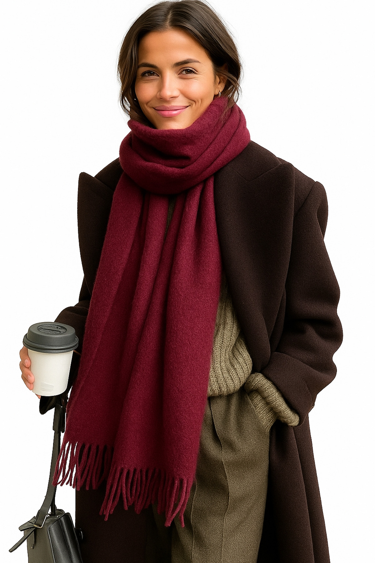 ZERAMİNE  Bordo Kadın Kışlık Püsküllü Atkı | Yumuşak Dokulu Kalın Şal - Soft Buklet Atkı - Makarna Model - Görsel 3