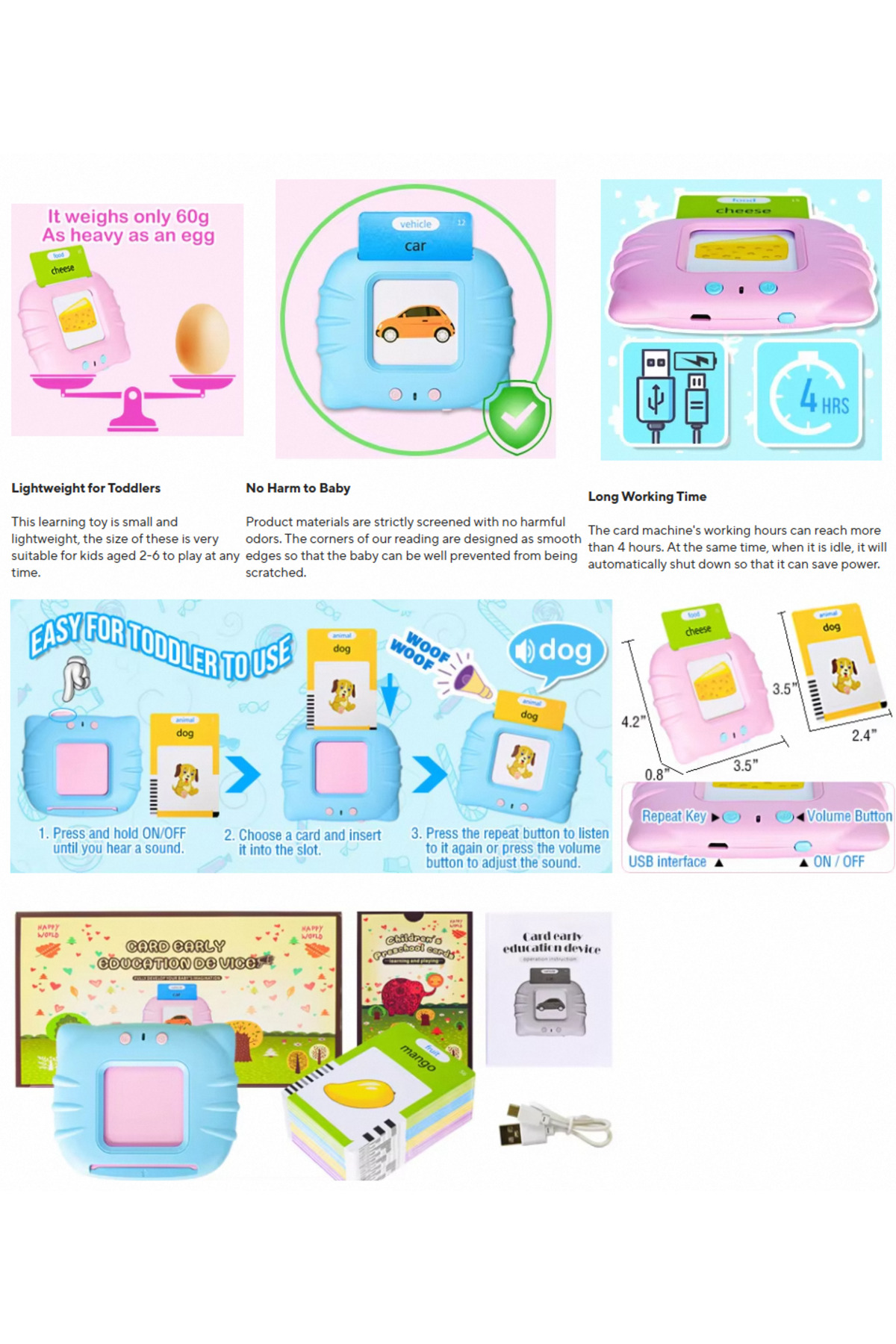 کارت‌های فلش صحبت‌کننده Blue-224، اسباب‌بازی‌های آموزشی اولیه برای نوزادان، پسران و دختران، پیش‌دبستانی، یادگیری و خواندن.