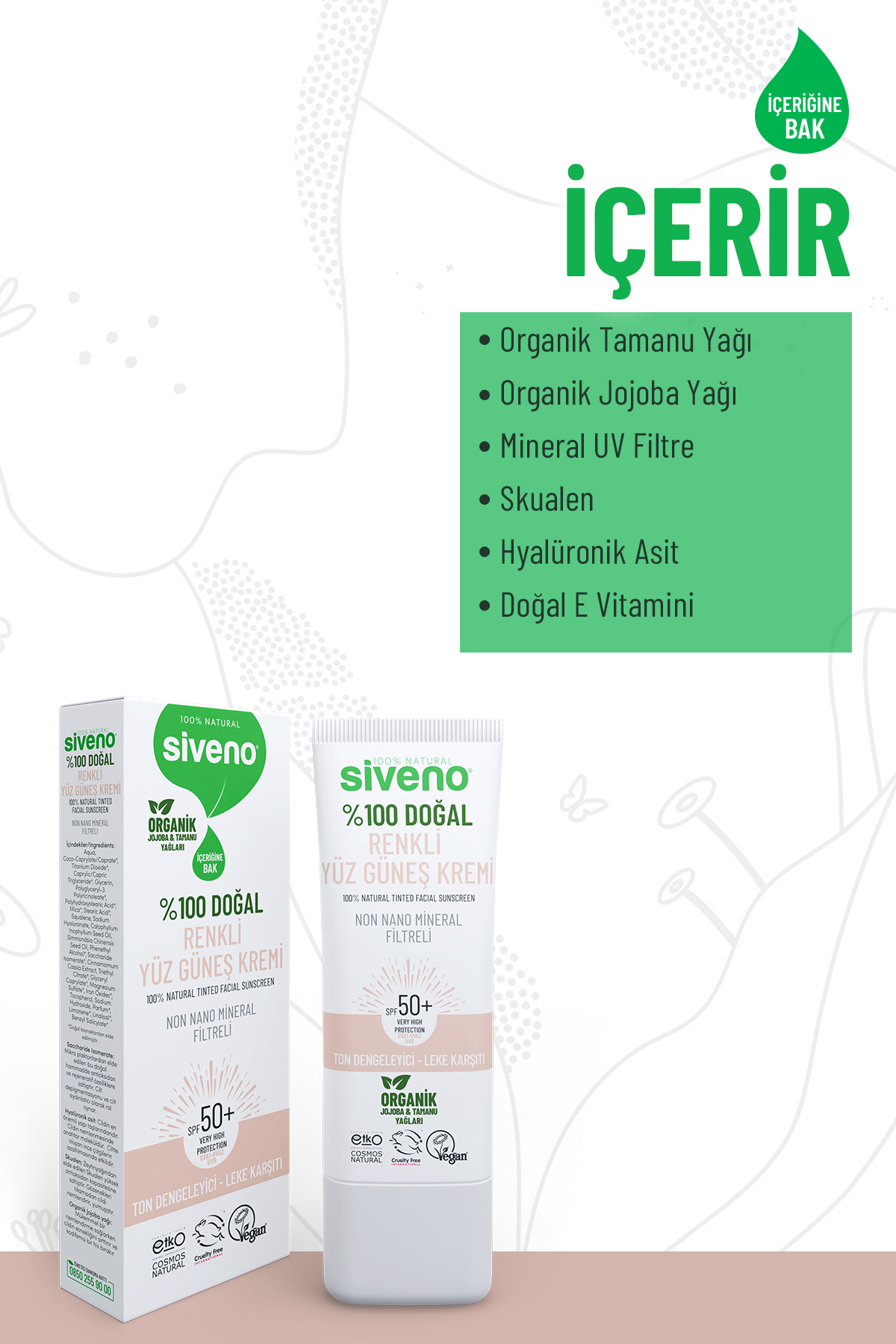 Siveno %100 Doğal Yüz Güneş Kremi Renkli Ton Eşitleyici Leke Karşıtı SPF 50+ UVA UVB 30 ml fotoğrafı 5 (önizleme)