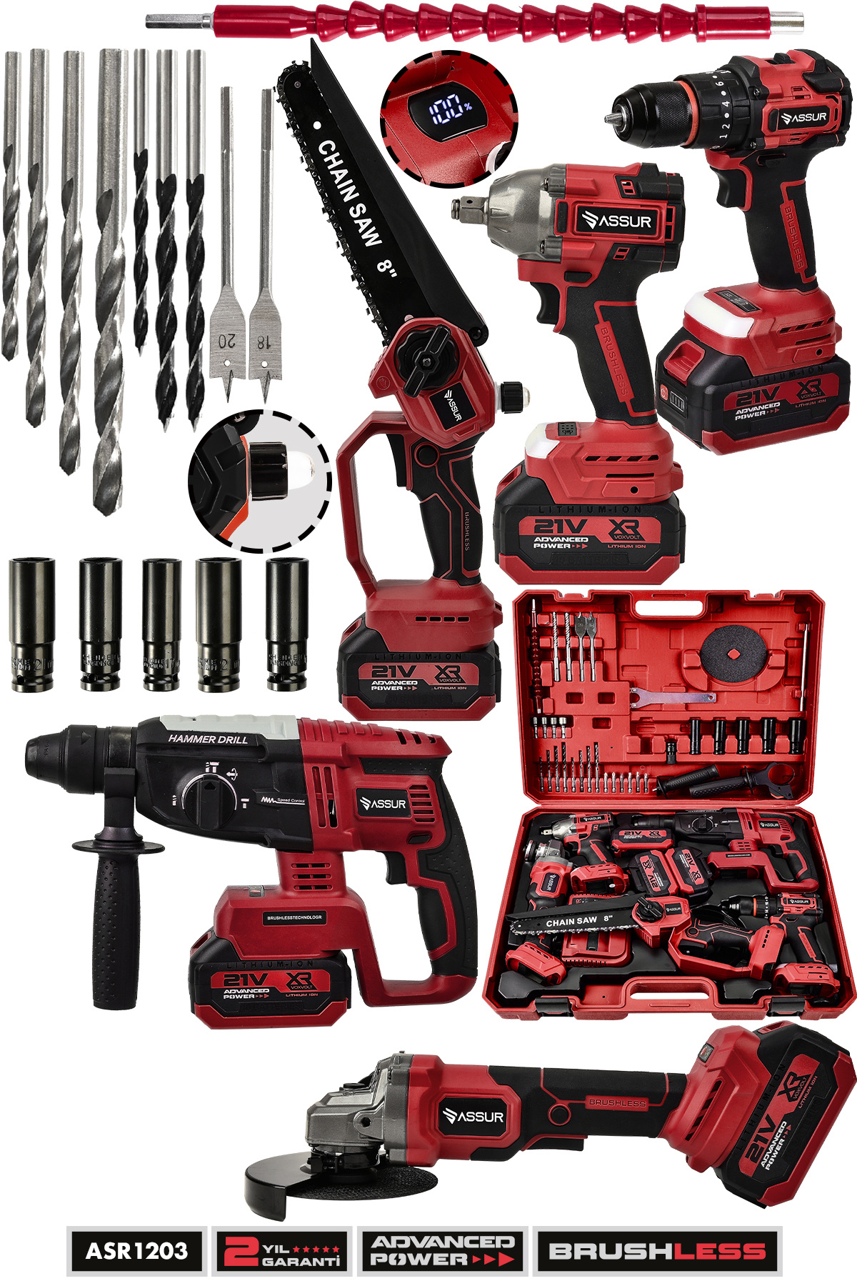 ASSUR 21V Darbeli Kömürsüz 5'li Set Kırıcı Delici Hilti - Somun Sıkma Sökme - Testere - Matkap Vidalama