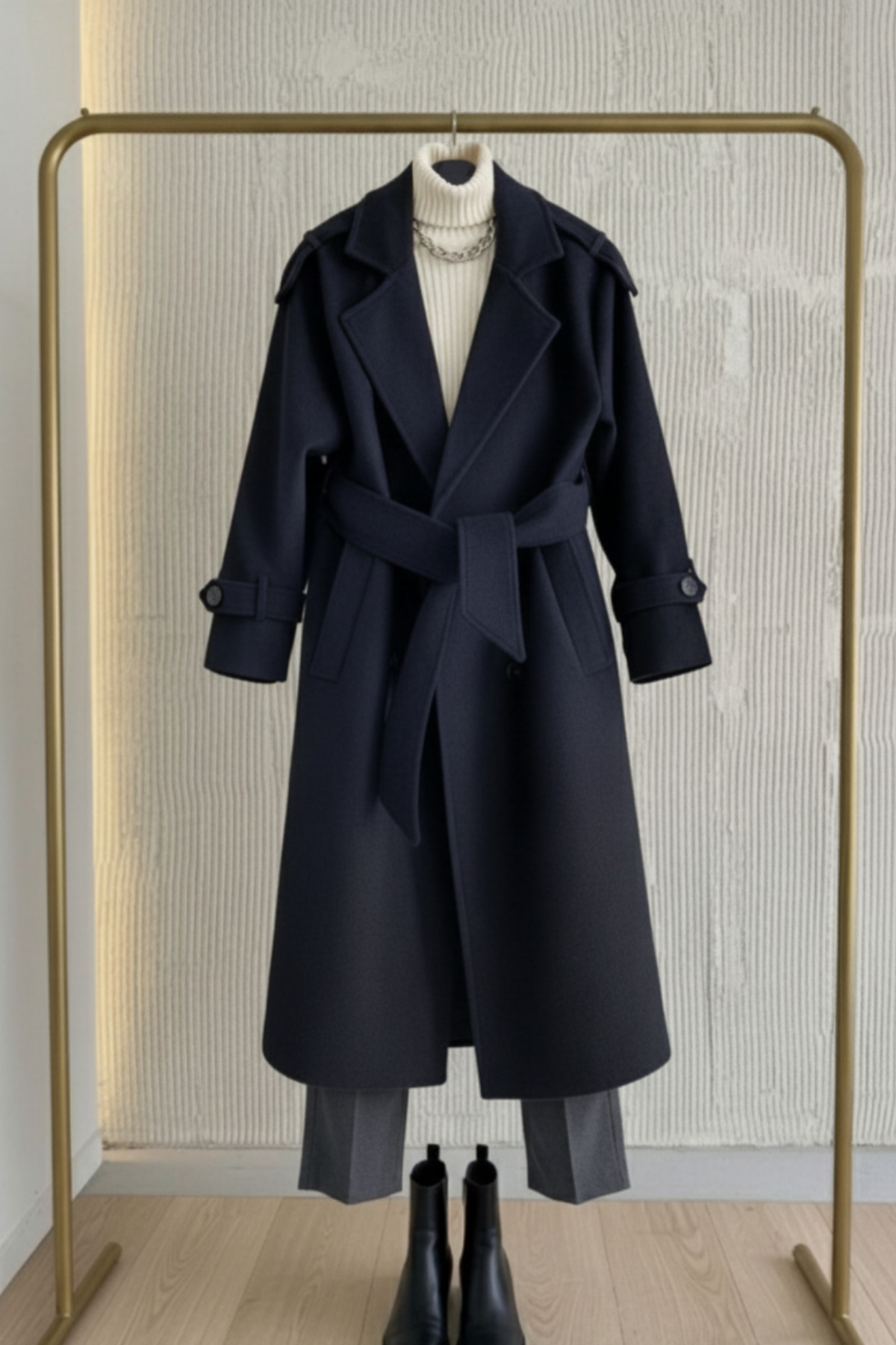 Paragon Kadın Lacivert Tesettür Kaşe Kaban Uzun Kışlık Kuşaklı Şık Palto Mont