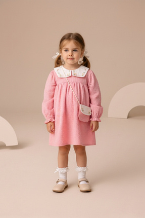 Minipodyum Kız Bebek Nakışlı Bebe Yaka Müslin %100 Pamuk Çantalı Elbise