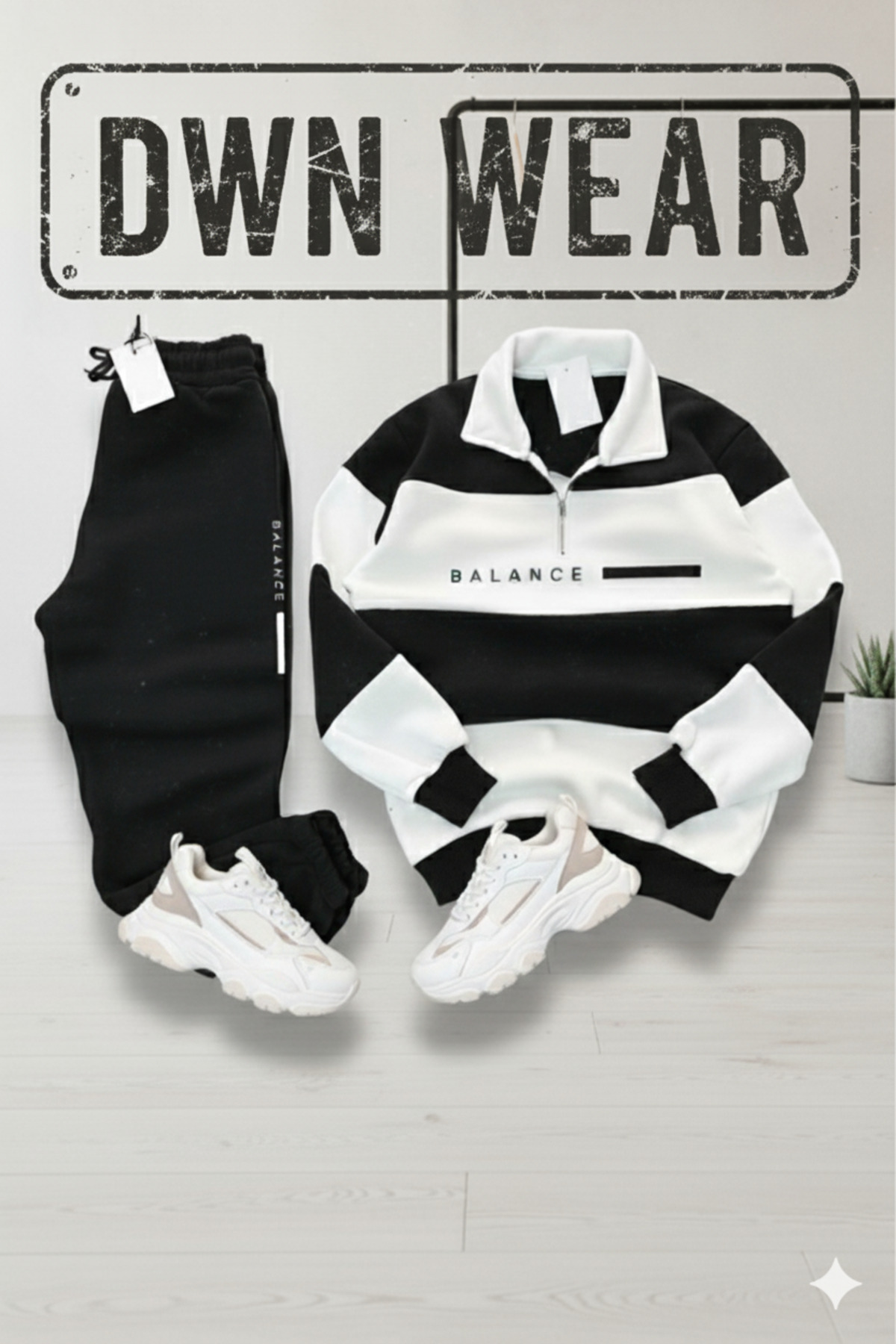 dwnwear Siyah Tekli 3 İplik Kışlık Polo Yaka Alt Üst Takım Kombin– Unisex Eşofman Takımı