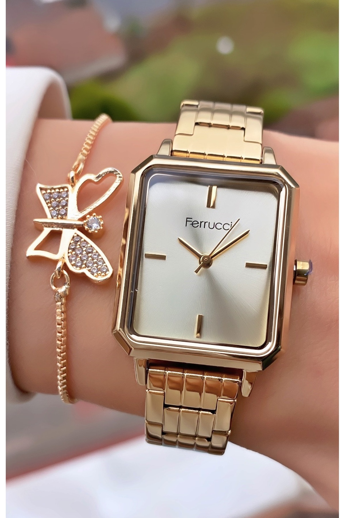 Ferrucci Marka Gold Renk Kristal Cam Çelik Kordon 2 Yıl Garantili Kadın Kol Saati - Bileklik