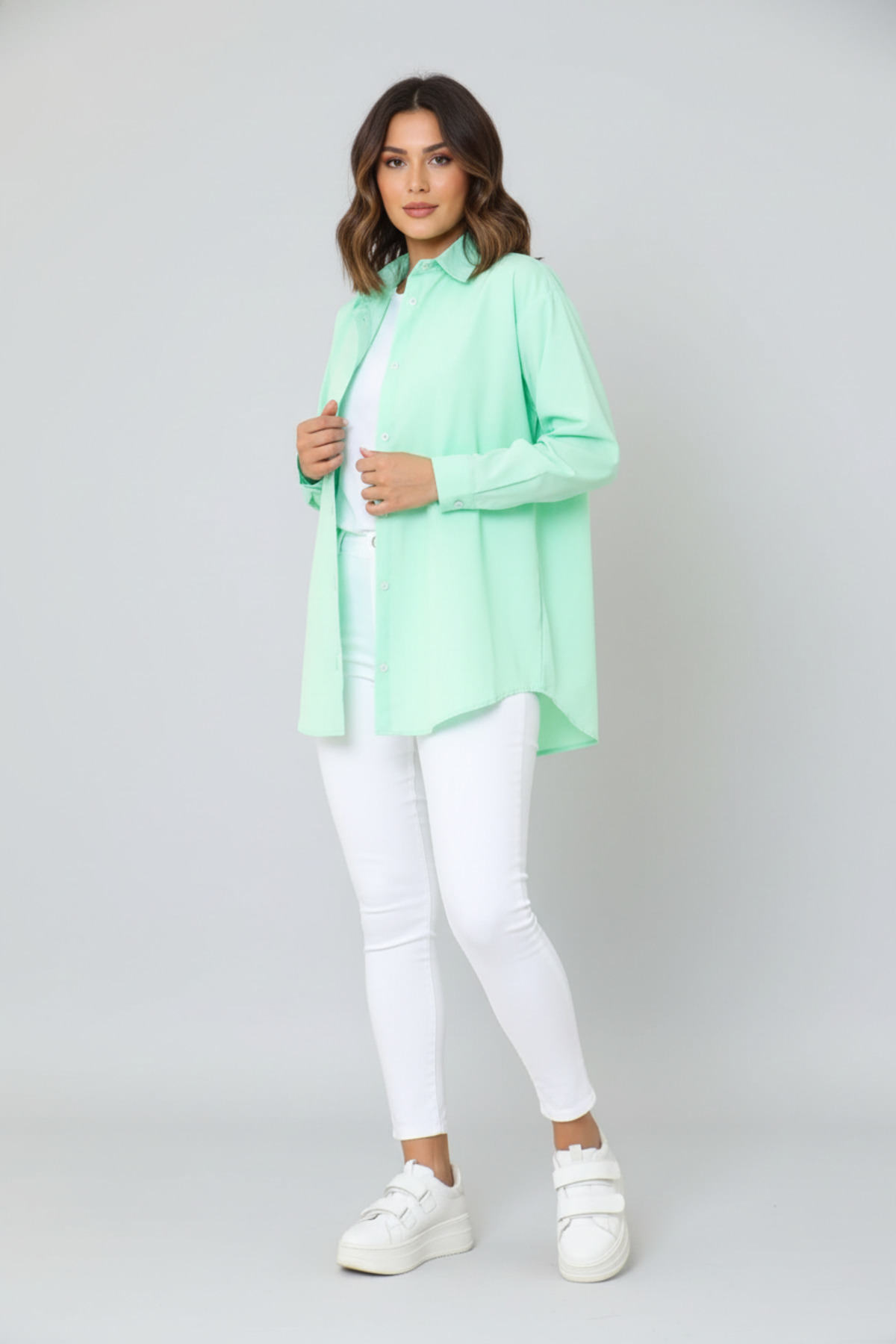nacar çarşı Γυναικείο Oversize Νεροπράσινο Μακρυμάνικο Πουκάμισο Κομψή Τάση