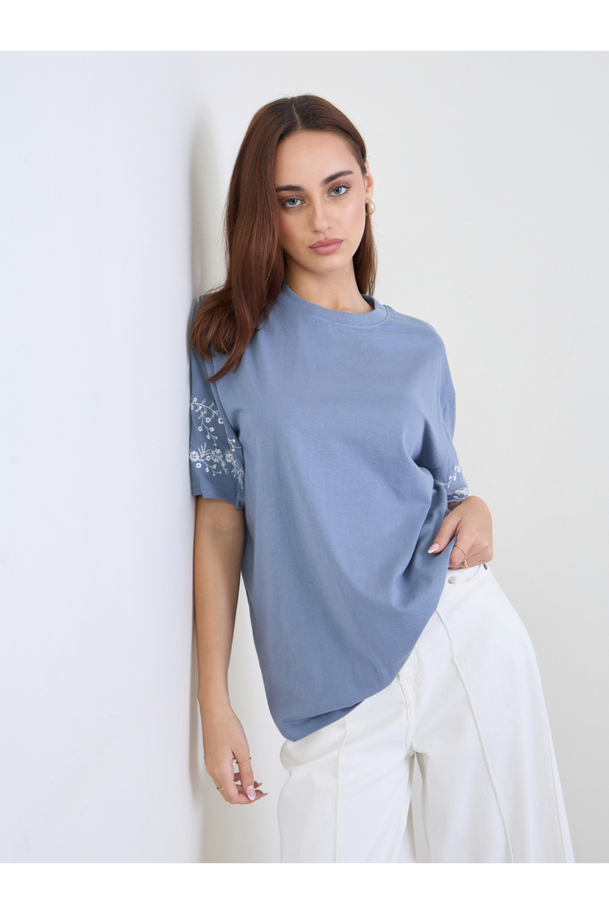 Styli Blue Embroidered Sleeve Oversized T-Shirt