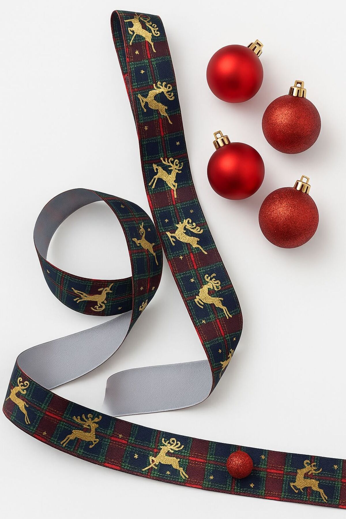 E Elmas Gold Geyik Desenli Saten Ekose Yılbaşı Kurdelesi 1 metre 2.5 cm