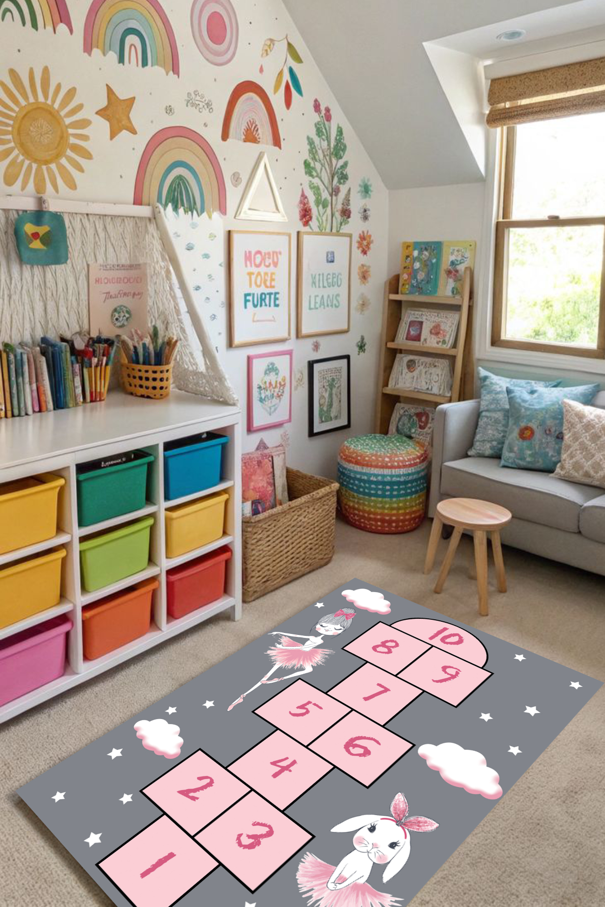Kessy Home Studio Pompi Kız Bebek Halısı Gri Pembe Sek Sek Oyun Alanlı Kaymaz Tabanlı Yıkanabilir Çocuk Halısı fotoğrafı 2 (önizleme)