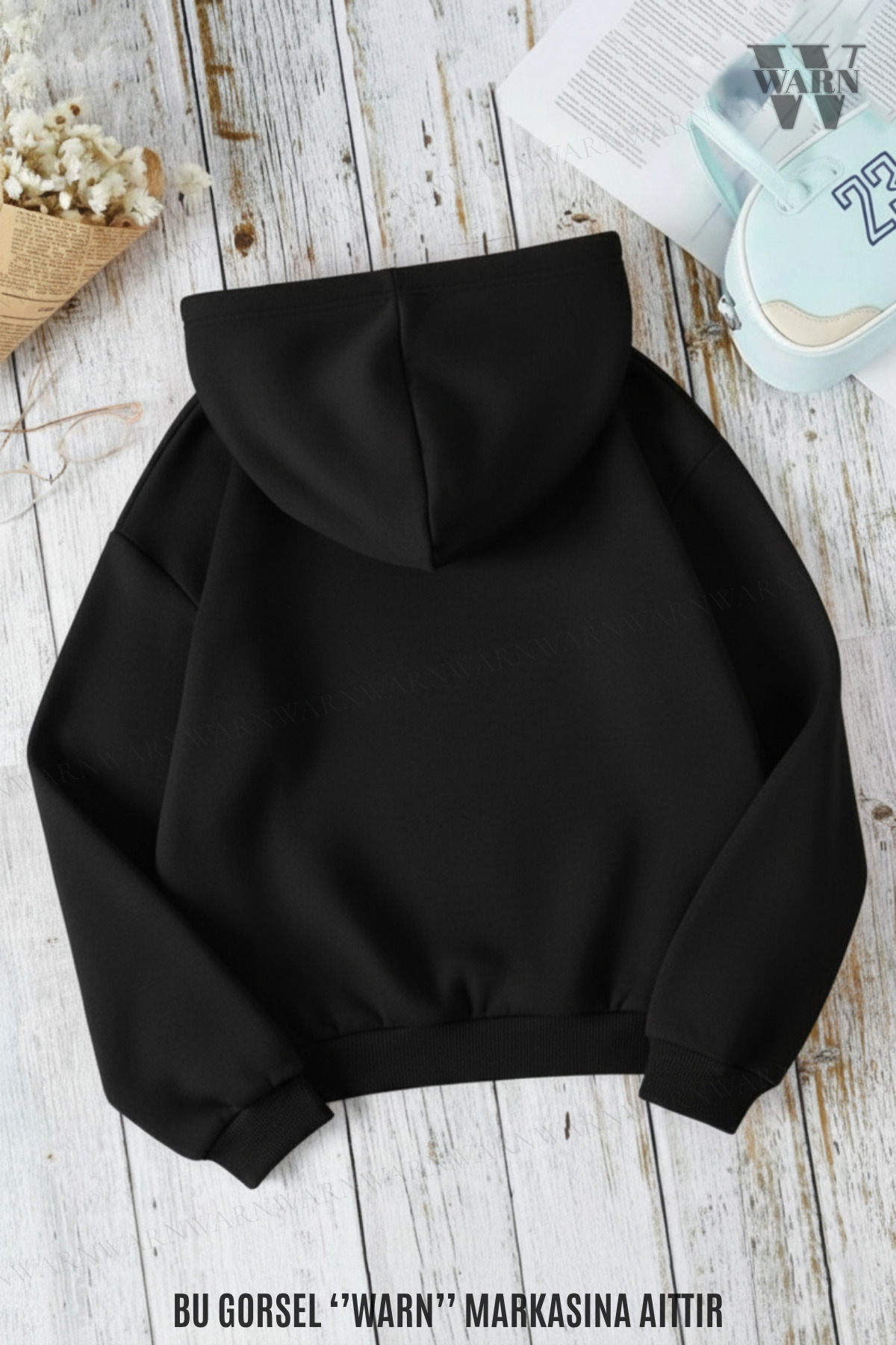 warn  Siyah Star Yıldız Taş Baskılı 3 İplik Kapüşonlu Sweatshirt Oversize Kışlık %100 Pamuk - Görsel 2