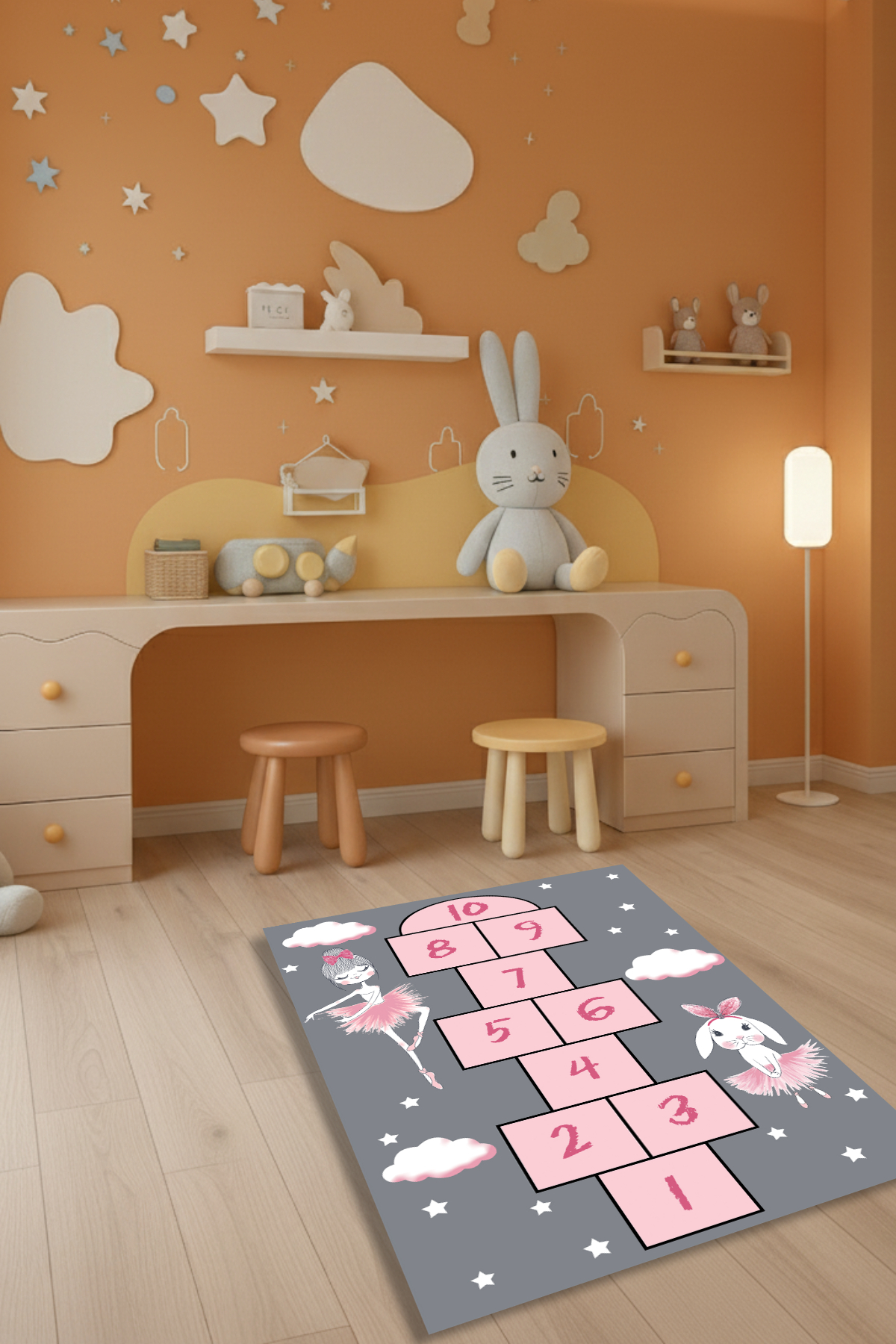 Kessy Home Studio Pompi Kız Bebek Halısı Gri Pembe Sek Sek Oyun Alanlı Kaymaz Tabanlı Yıkanabilir Çocuk Halısı fotoğrafı 3 (önizleme)
