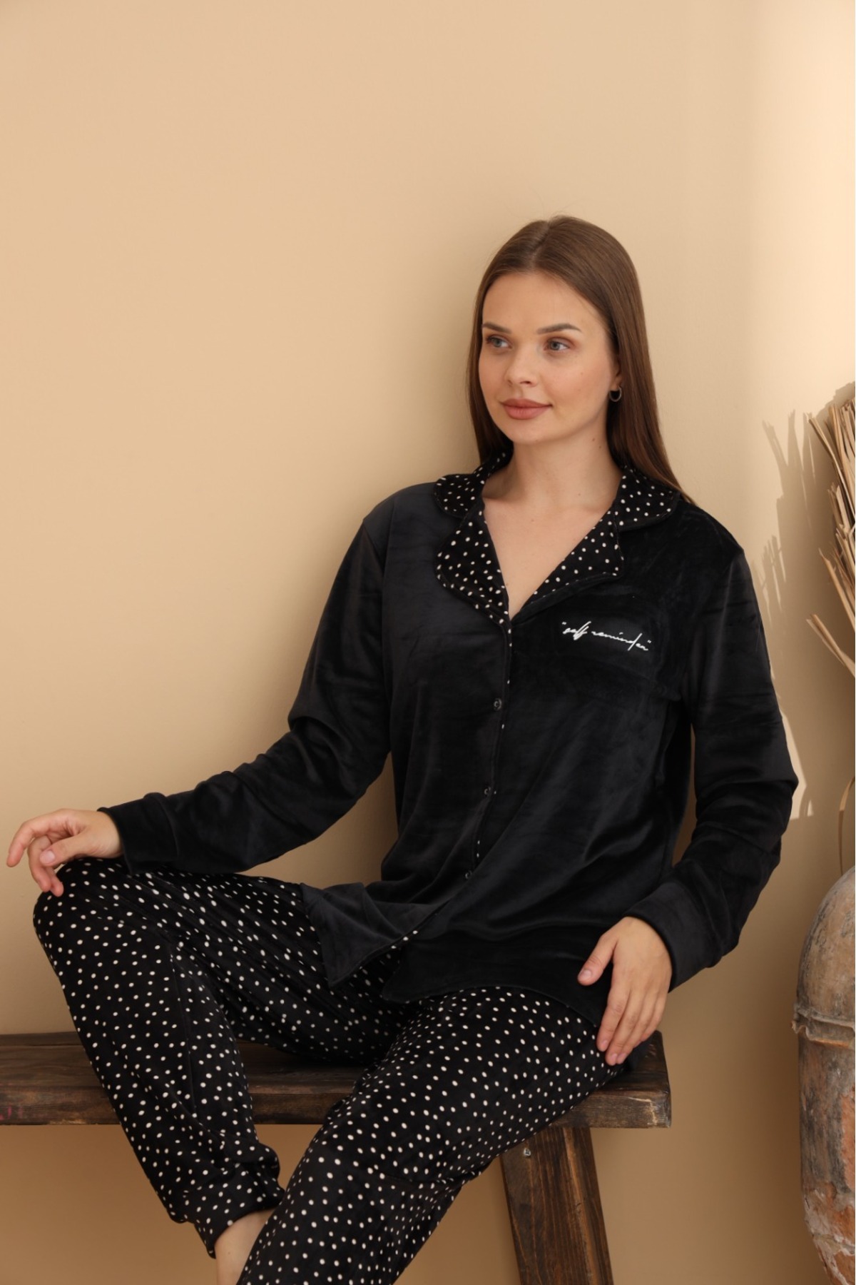 ELİTOL Kadife Self Reminder Düğmeli Kadın Pijama Takımı