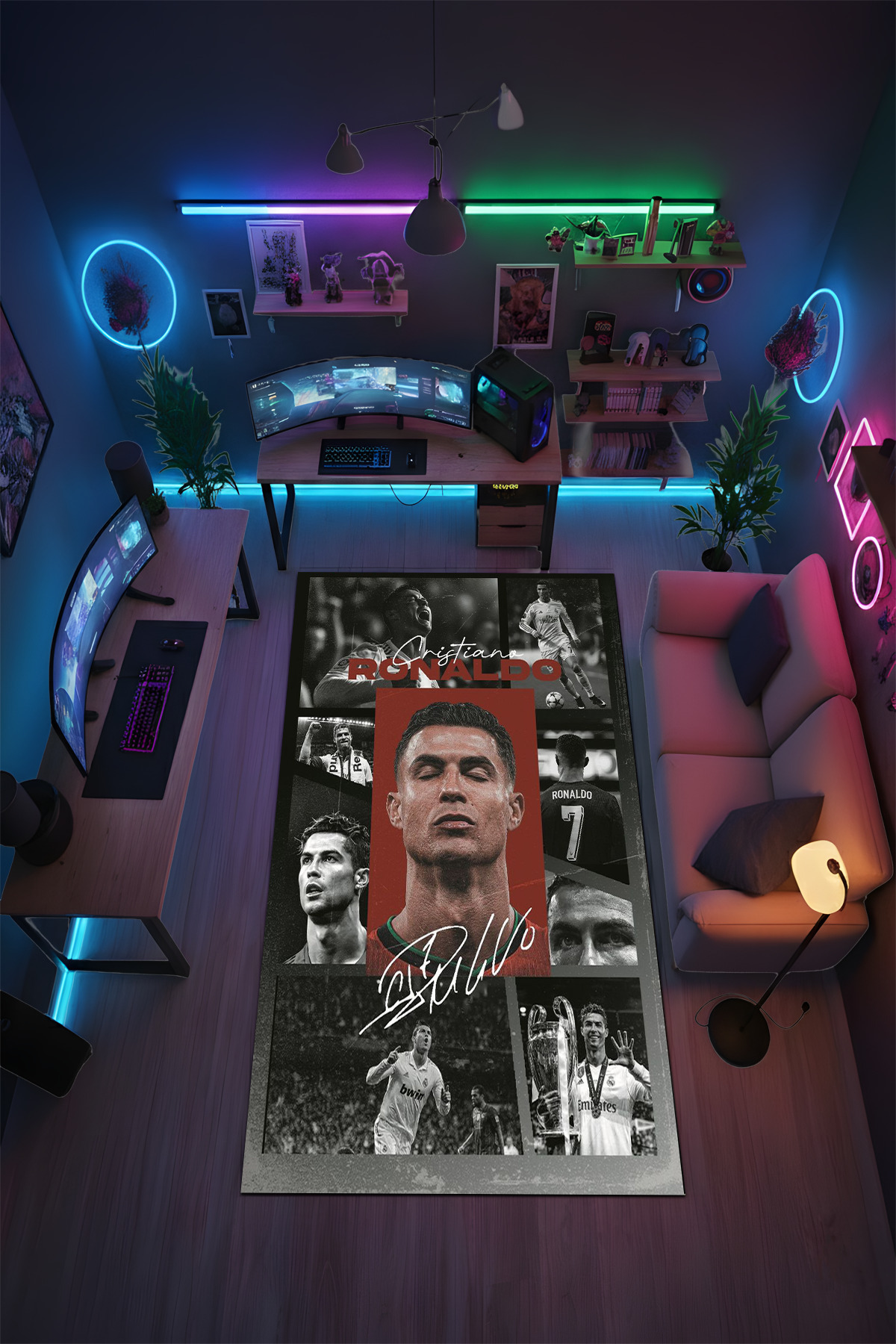 Halura Ronaldo CR7 Futbolcu Desenli Kaymaz Taban Makinede Yıkanabilir Gaming Oyuncu Gamer Genç Odası Halısı fotoğrafı 2 (önizleme)