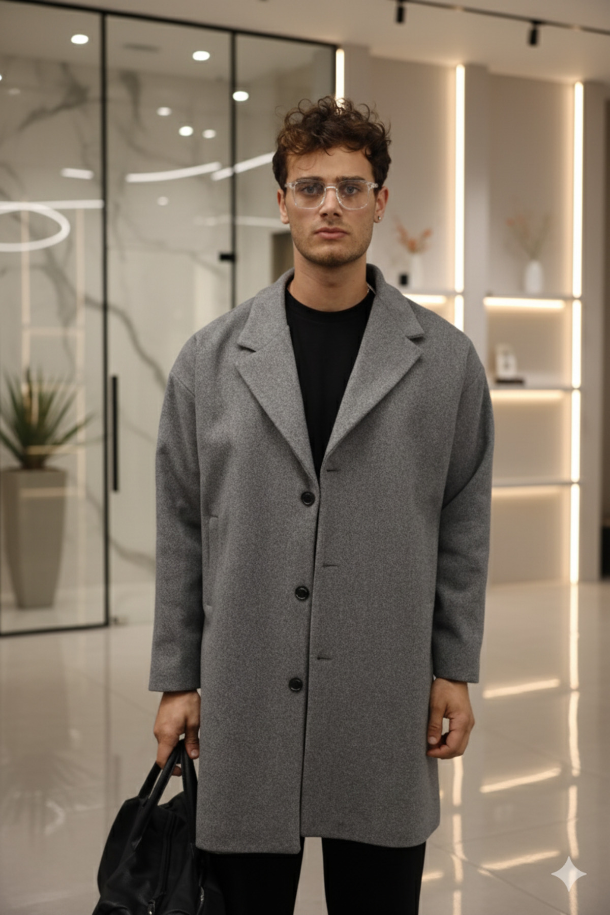  پالتو بلند کشمیری گشاد و دکمه‌دار خاکستری