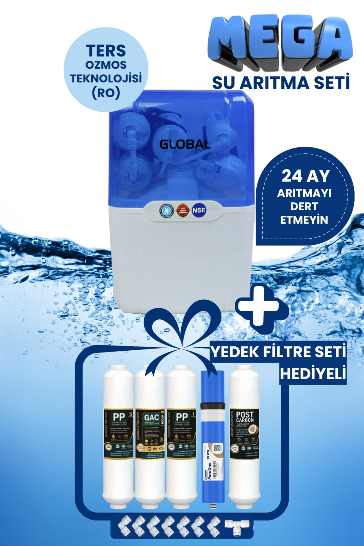 water global Mega Su Arıtma Seti-Yedek Filtre Seti Hediyeli-80GPD 5 Filtreli RO Sistem-8 Lt Tank-Mavi