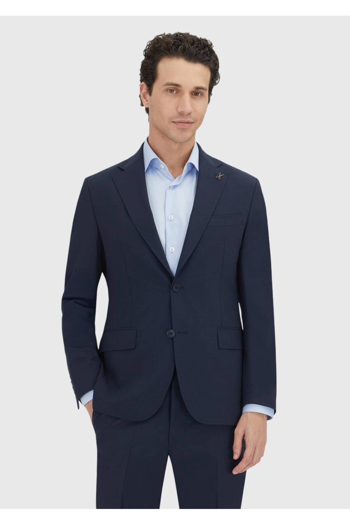 Ramsey Koyu Lacivert Çizgili Zeroweight Slim Fit Yün Karışımlı Takım Elbise