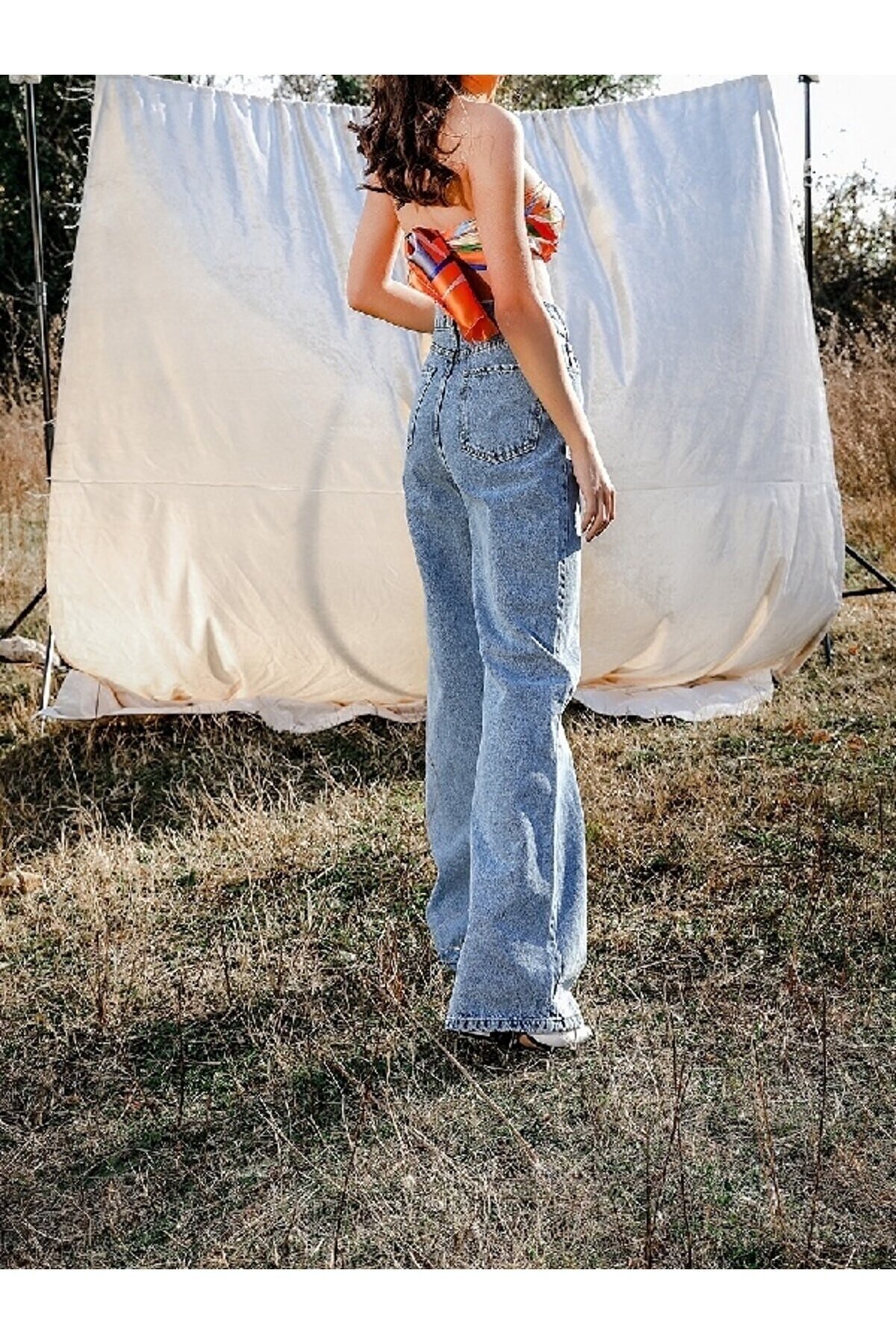 Exporanto Yüksek Bel Salaş Paça Koyu Kar Yıkama Kadın Kot Jean