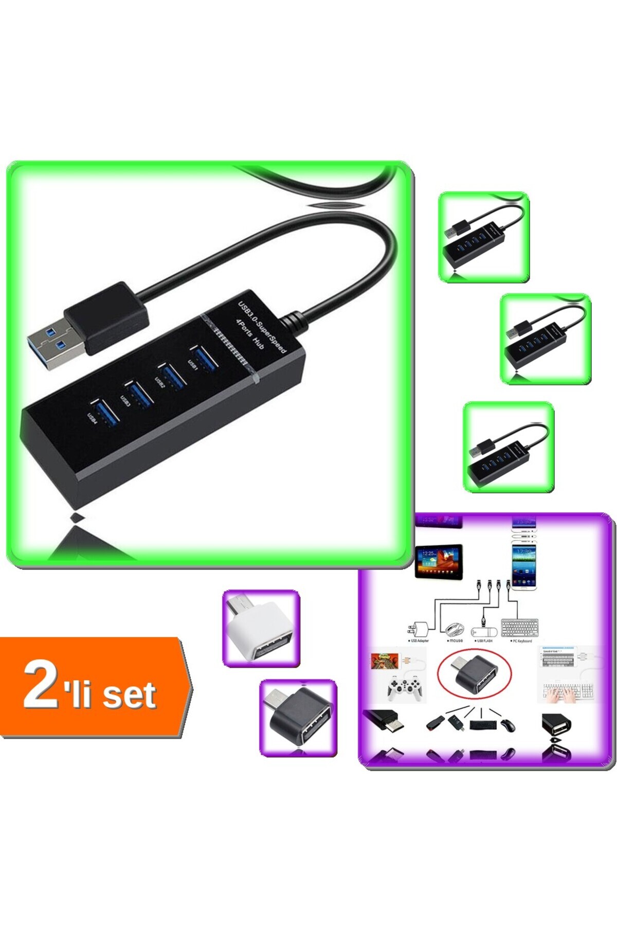 HerEveOyuncak Usb to Micro Usb Dönüştürücü + 4 Girişli Usb Çoğaltıcı - 2li Set X4C5D6