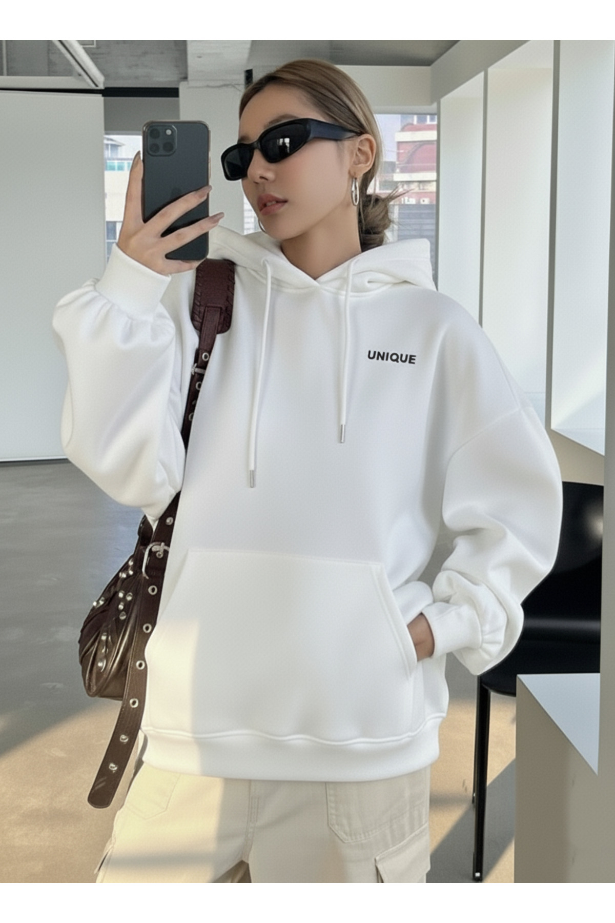 COHERENT Unisex Kadın/Erkek UNIQUE Özel Baskılı Renkli Oversize KAPÜŞONLU Pamuklu Sweatshirt görsel 2