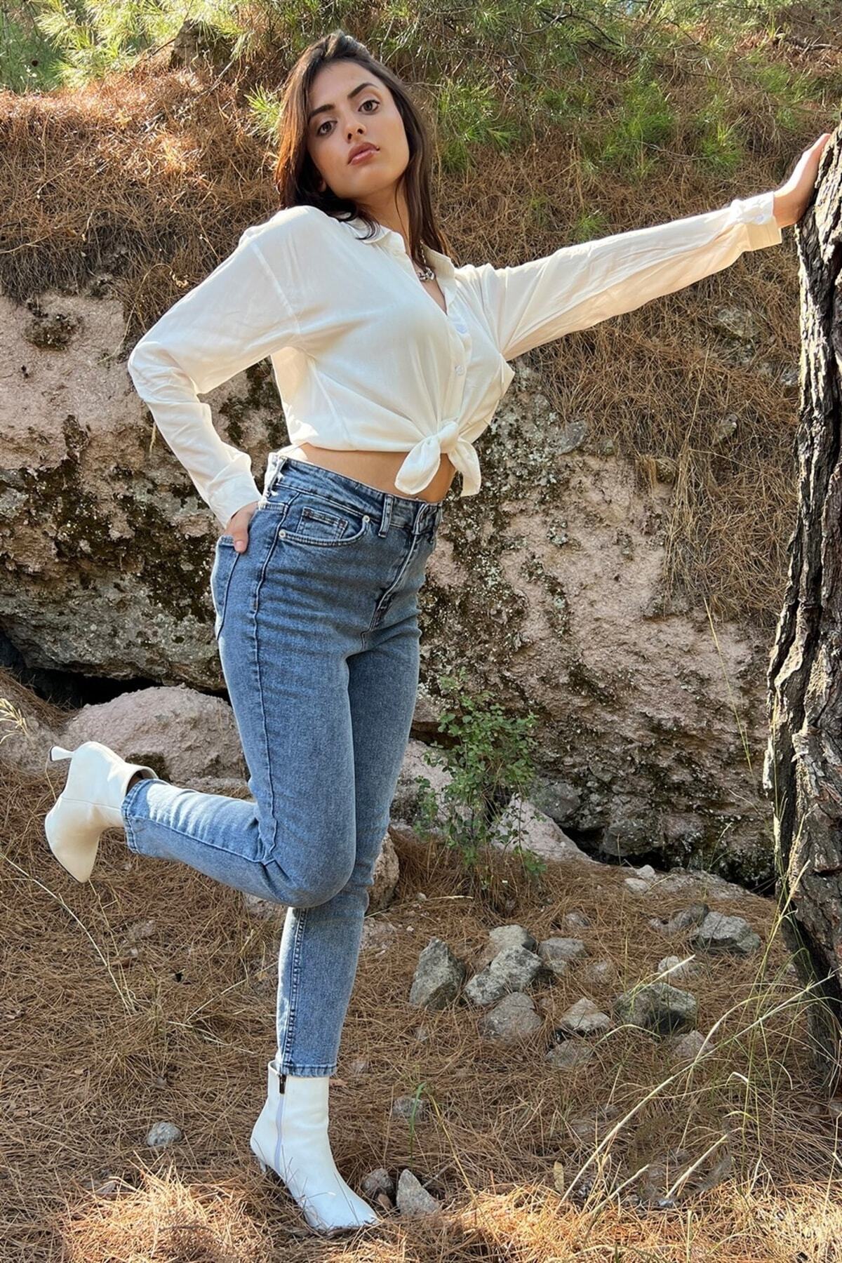 Exporanto Spanish Yüksek Bel Mavi Kar Yıkama Mom Kot Pantolon Likralı Solmaz Ekstra Rahat Mom Jeans