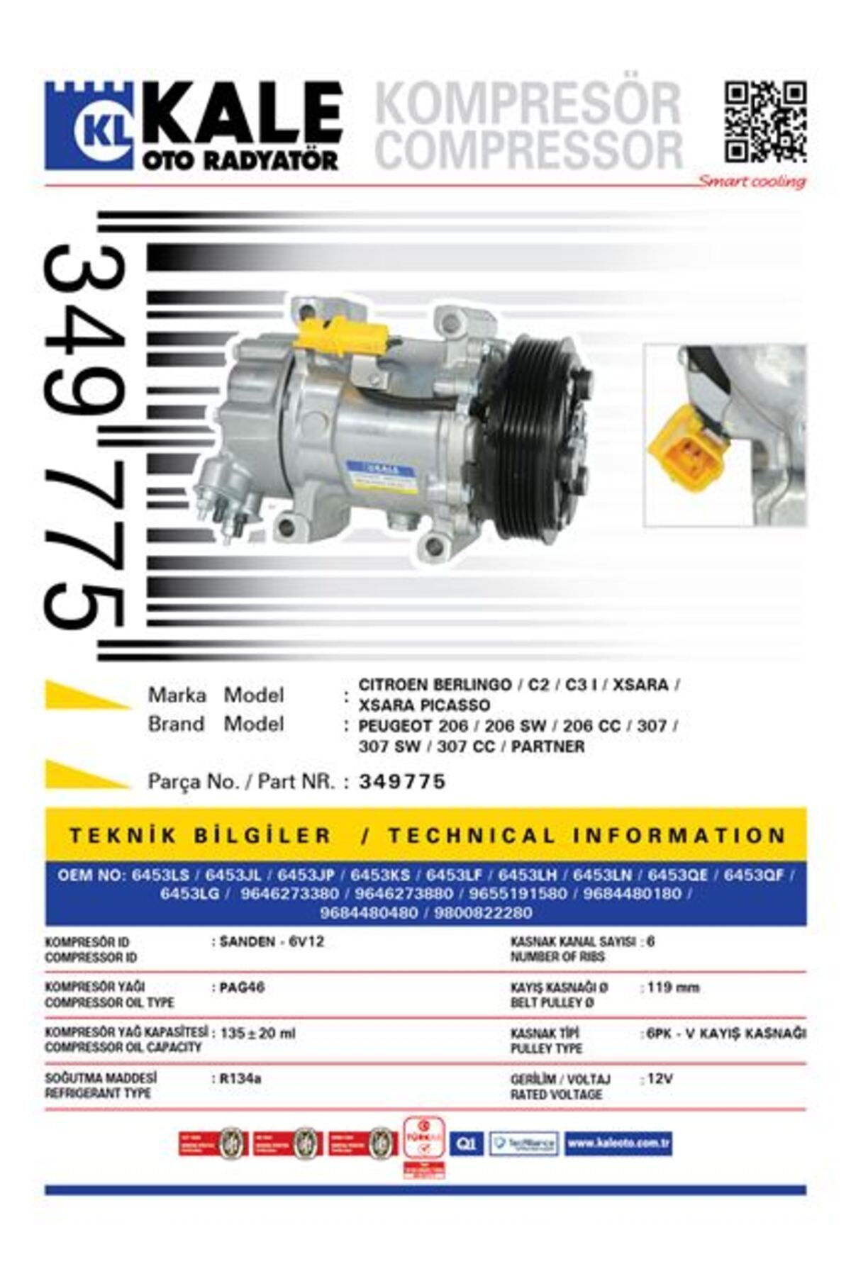 KALE Psa Klima Kompresoru Berlingo C2 C3 I Xsara 206 206 Sw 206 CC - 349775