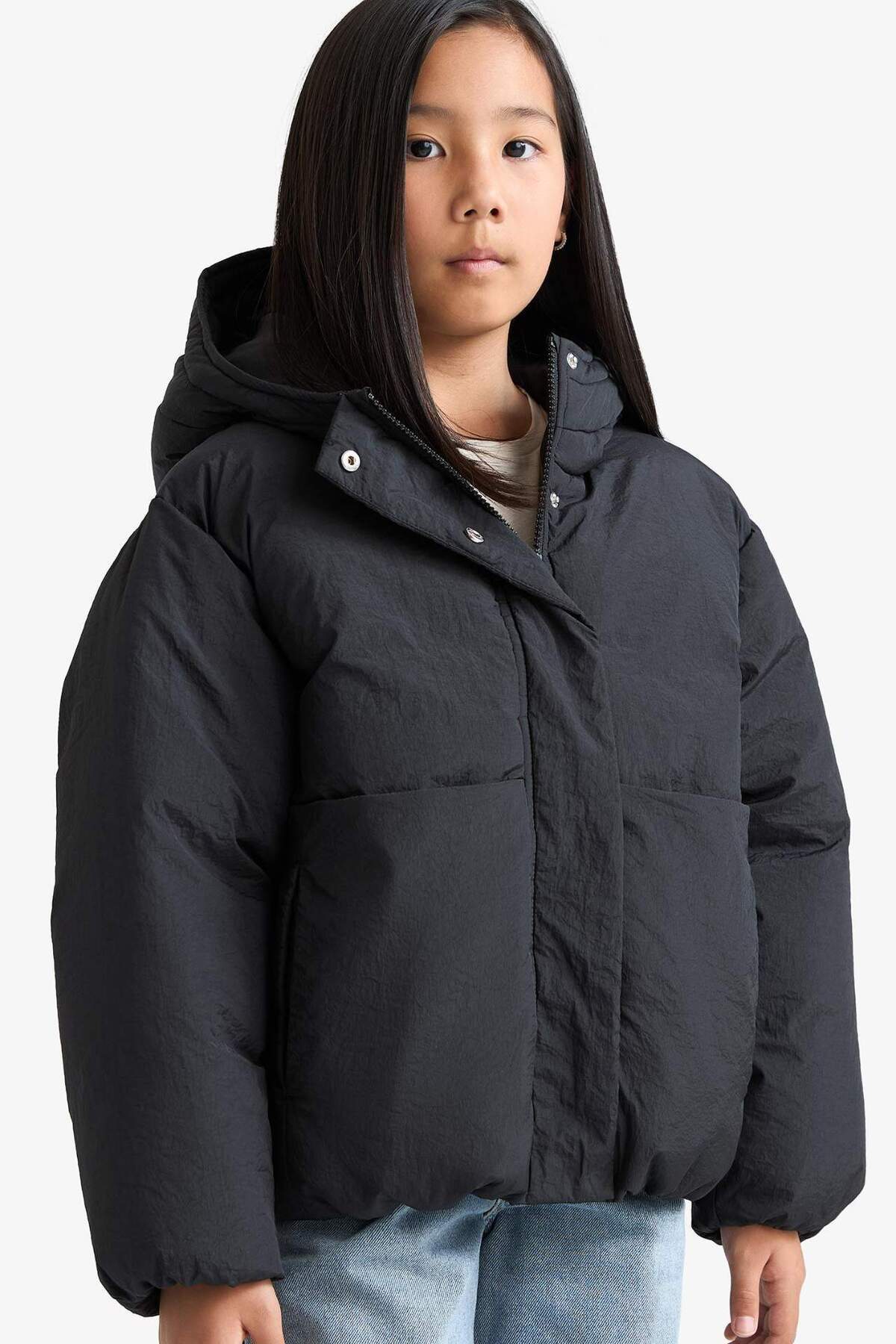 دفاکتو کاپشن پفی دخترانه ضد آب کلاه دار زیپ دار E9813A825AU