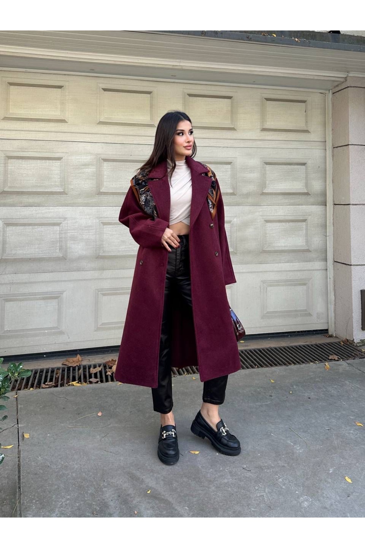 manana fashion  Oversize Kruvaze Kaşe Uzun Kaban - Görsel 6