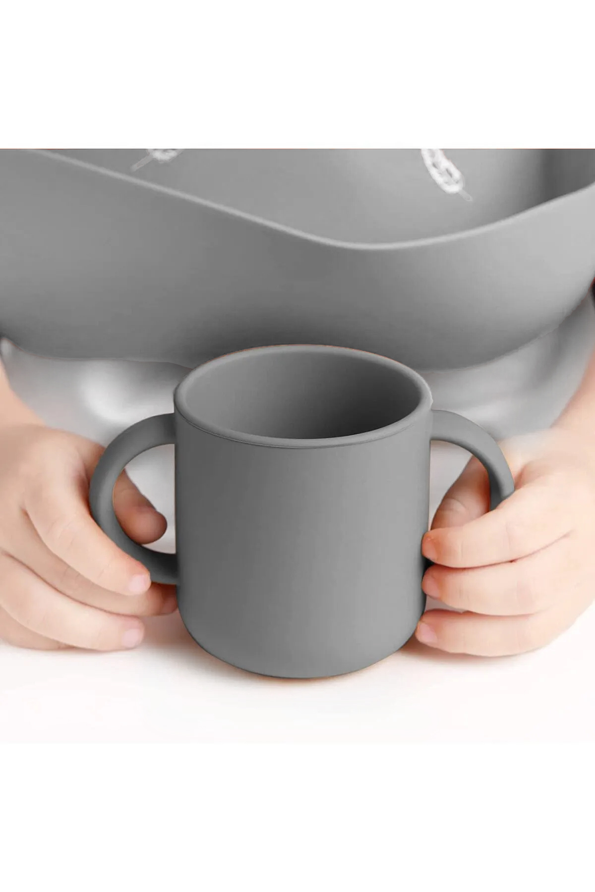 Meleni Baby 7'li Silikon Beslenme Seti- Mama Önlüğü Vakumlu Tabak Bardak Diş Kaşıyıcı Kaşık Atıştırma Kabı Gri fotoğrafı 5 (önizleme)