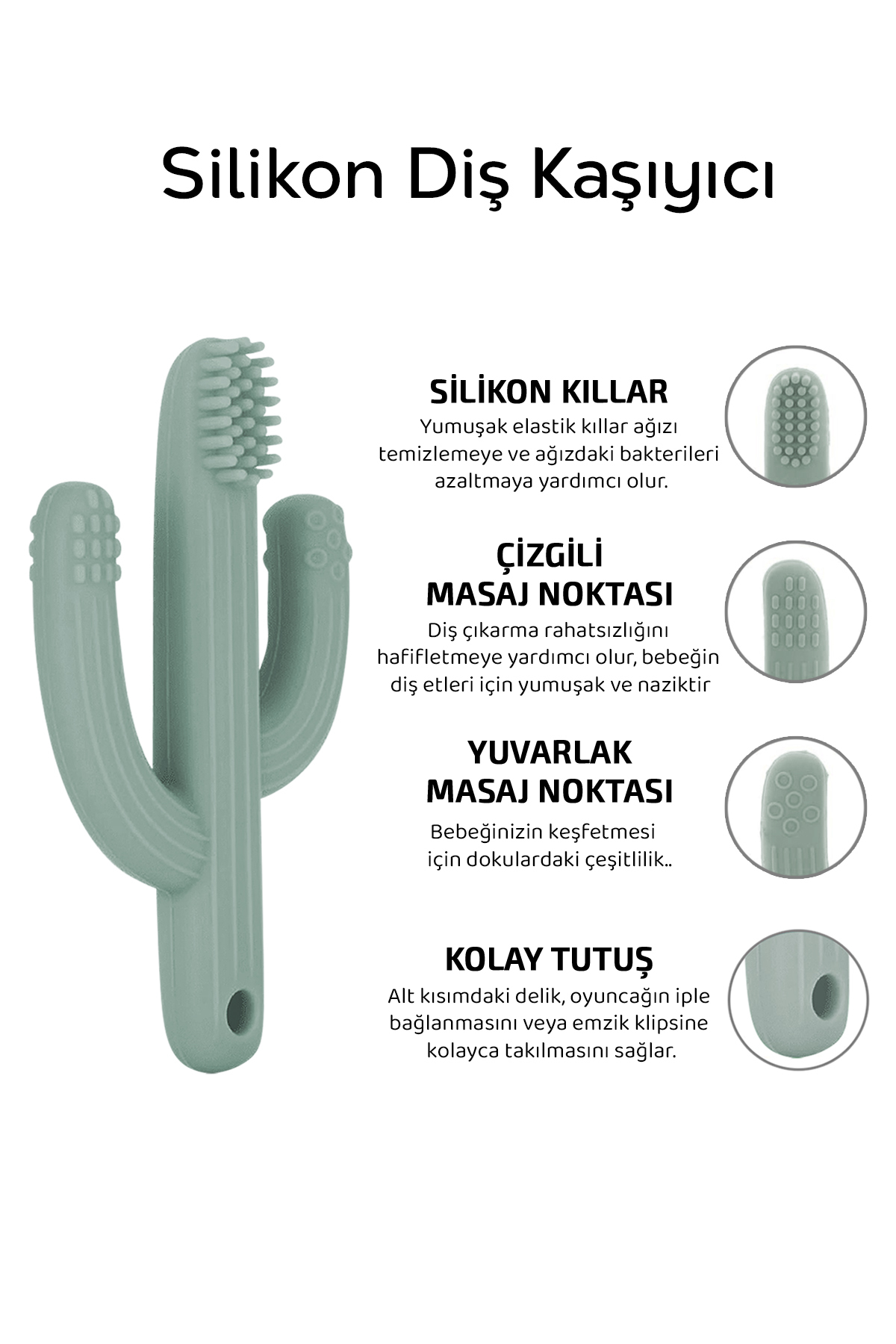 Meleni Baby 5'li Silikon Diş Kaşıyıcı Seti - Vakumlu Kase Hediyeli Hayvan ve Kaktüs Şekilli Dişlik Seti Yeşil fotoğrafı 7 (önizleme)