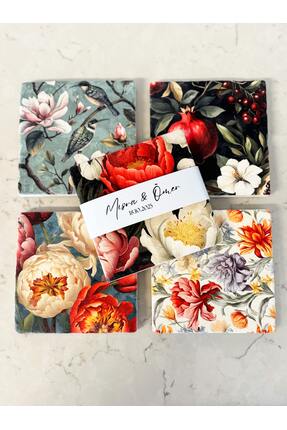 arslart Şakayık Gül Nar Desenli Doğal Taş Bardak Altlığı, Düğün Hediyelik. 20...