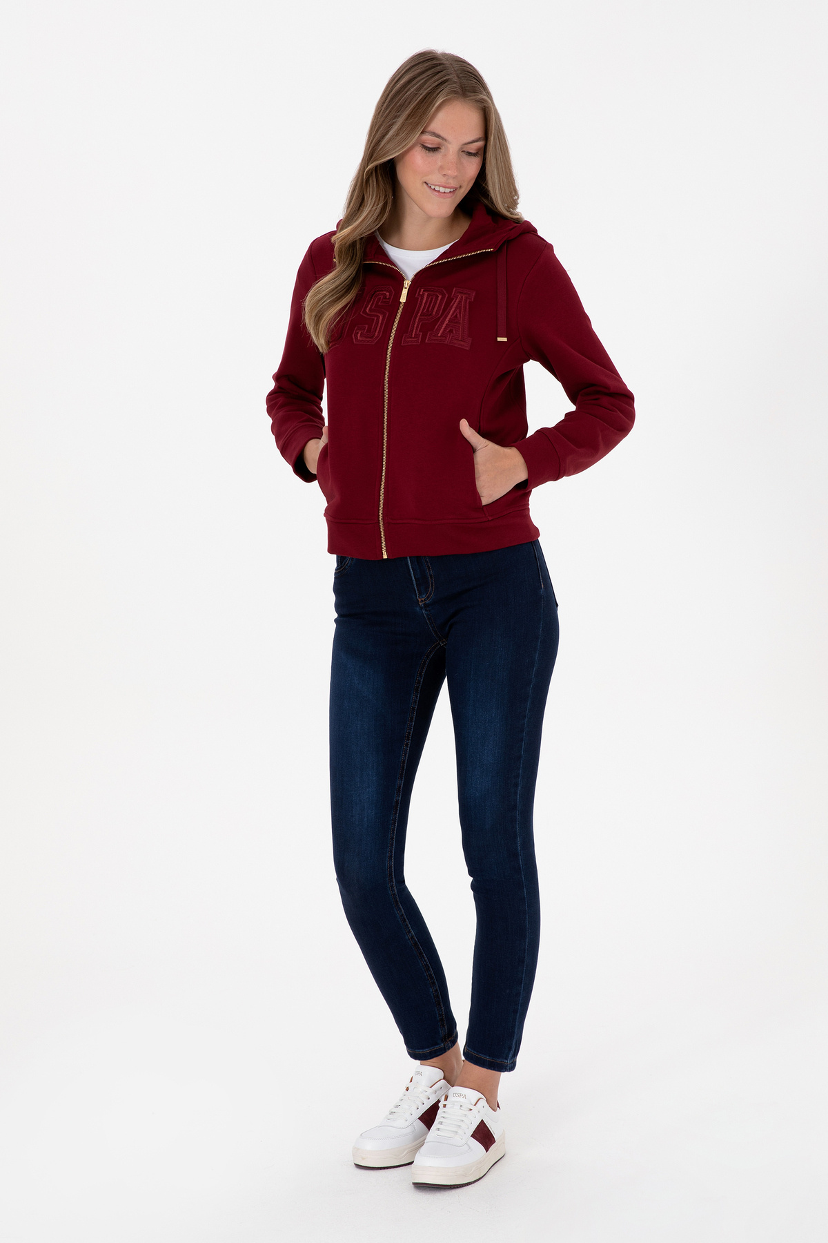U.S. Polo Assn.  Kadın Bordo Fermuarlı Kapüşonlu Basic Sweatshirt 50307769-VR014 - Görsel 4