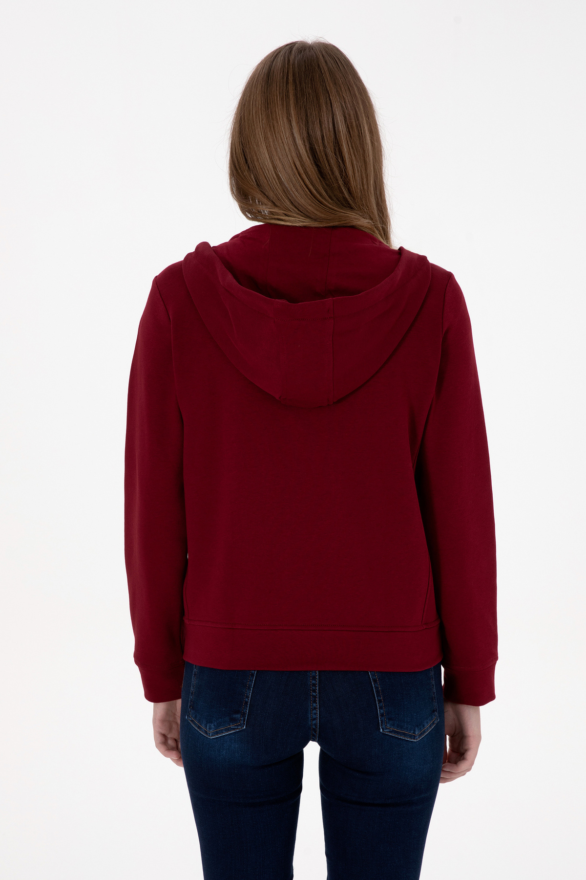 U.S. Polo Assn.  Kadın Bordo Fermuarlı Kapüşonlu Basic Sweatshirt 50307769-VR014 - Görsel 5