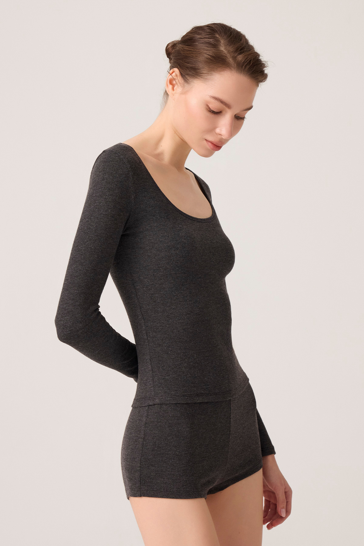 Los Ojos x Ece Antrasit Modal Kumaşlı Uzun Kollu Şortlu Pijama Takımı Ribbed PJ