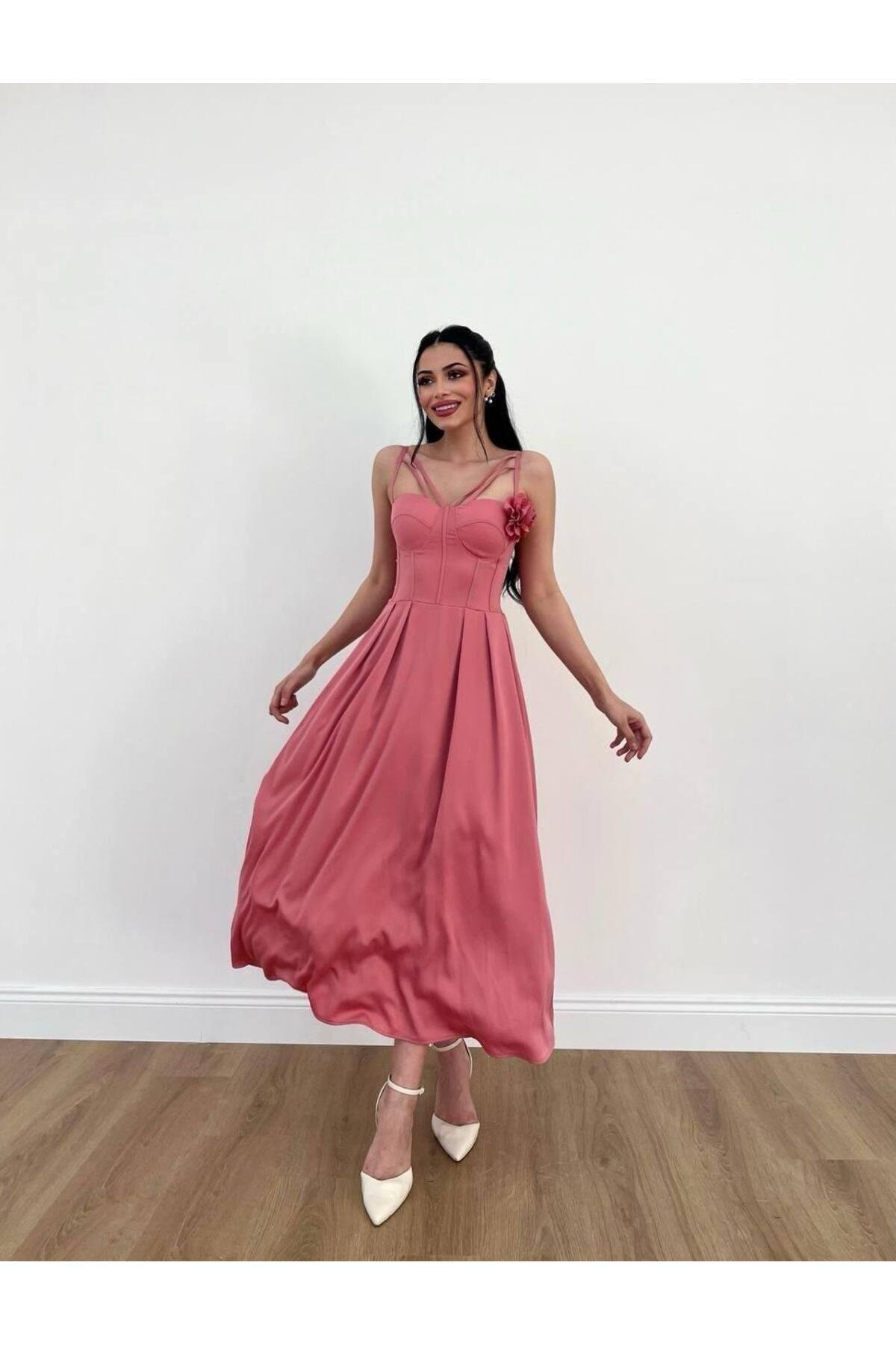 My Blog Pink Rose Detailed Flared Skirt Midi Dress