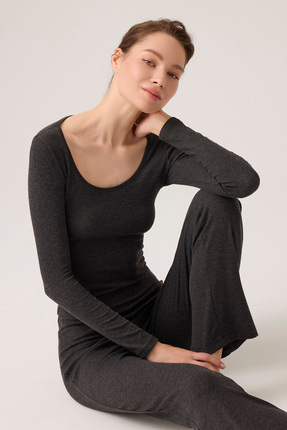 Los Ojos x Ece Antrasit Modal Kumaşlı Uzun Kollu Eşofmanlı Pijama Takımı Ribb...