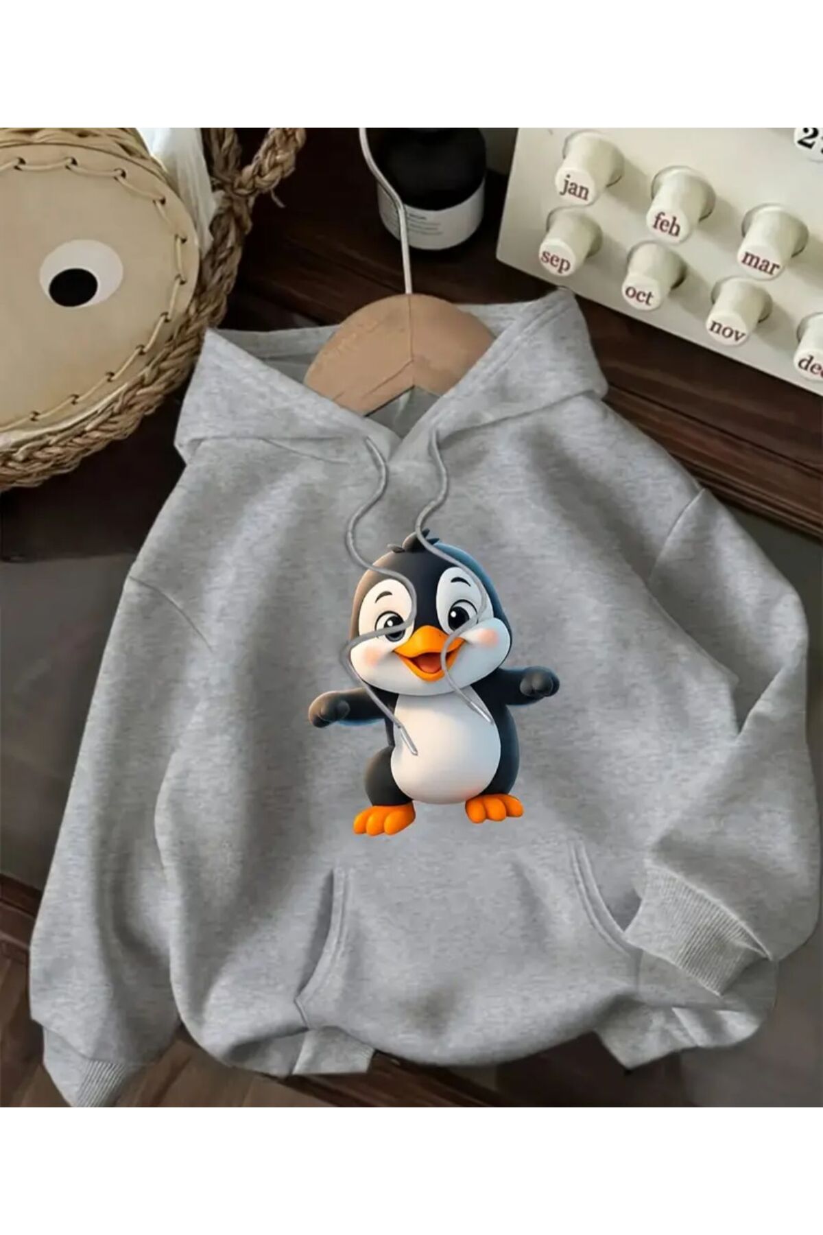 Cute Penguin Print Detailed Hooded Sweatshirt Grey