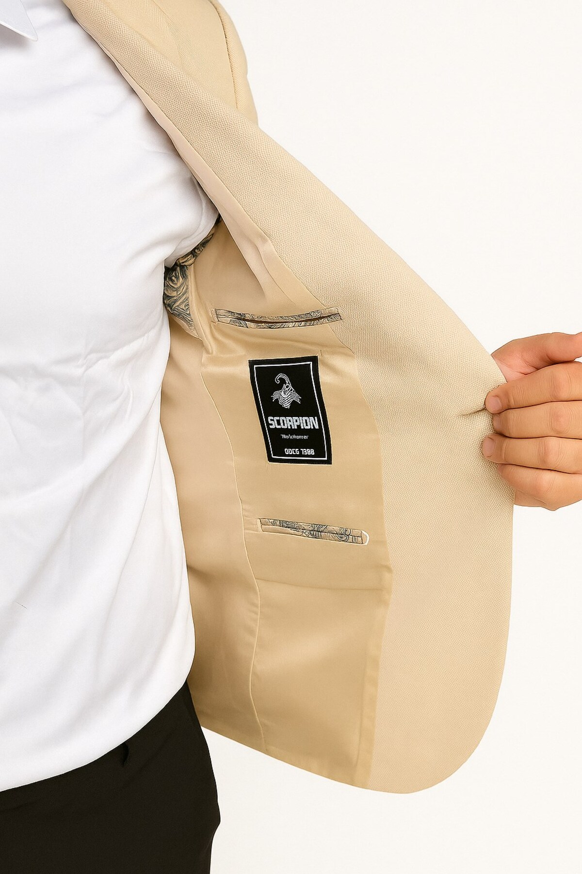 Plus Scorpion  Bej Erkek İtalyan Kesim Blazer Ceket – Kol Yamali, Slim Fit, Şık ve Modern Tasarım - Görsel 5