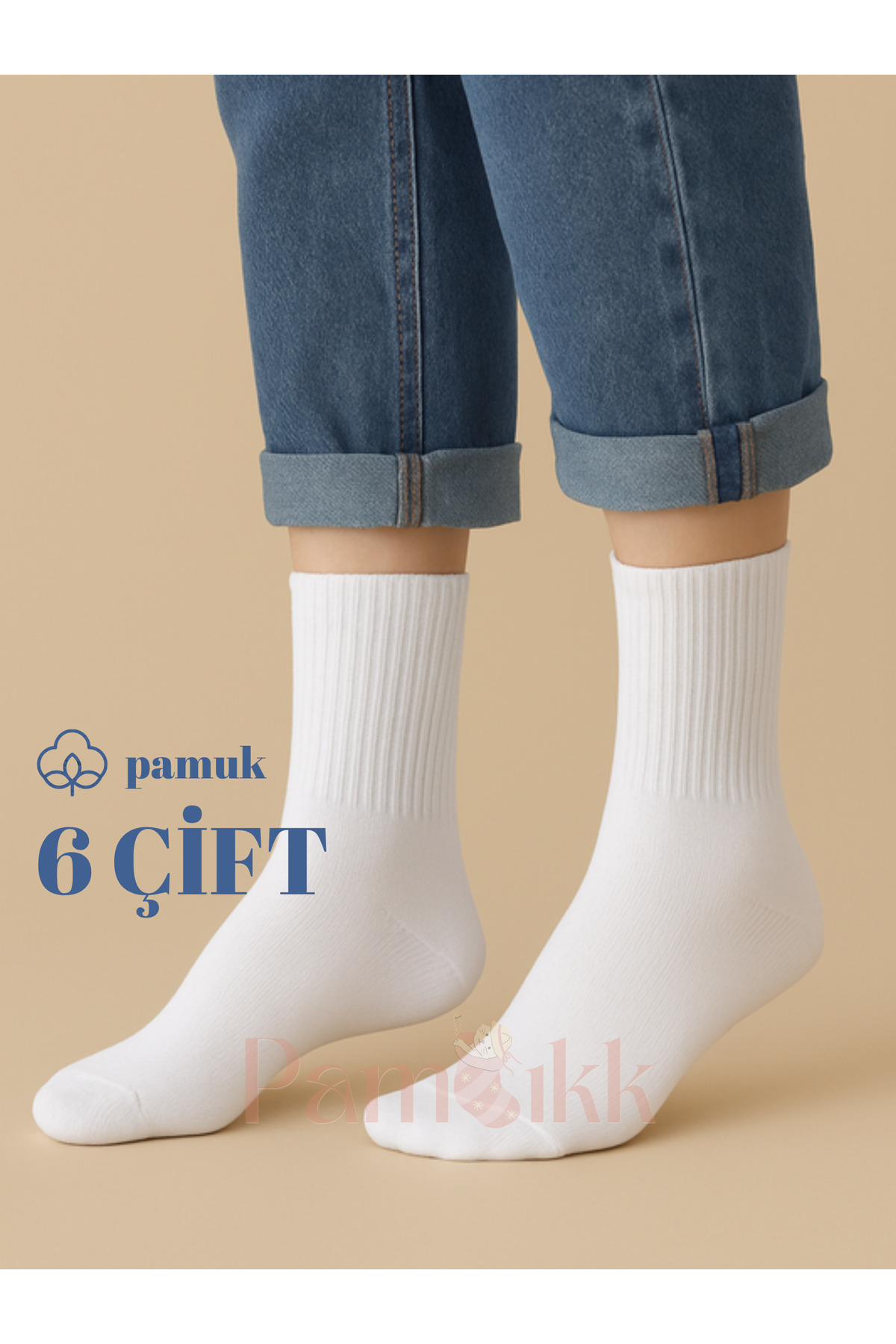 PAMBIK AYAKLAR 6 Çift Beyaz Fitilli Spor Çorap - Unısex Tenis Çorabı