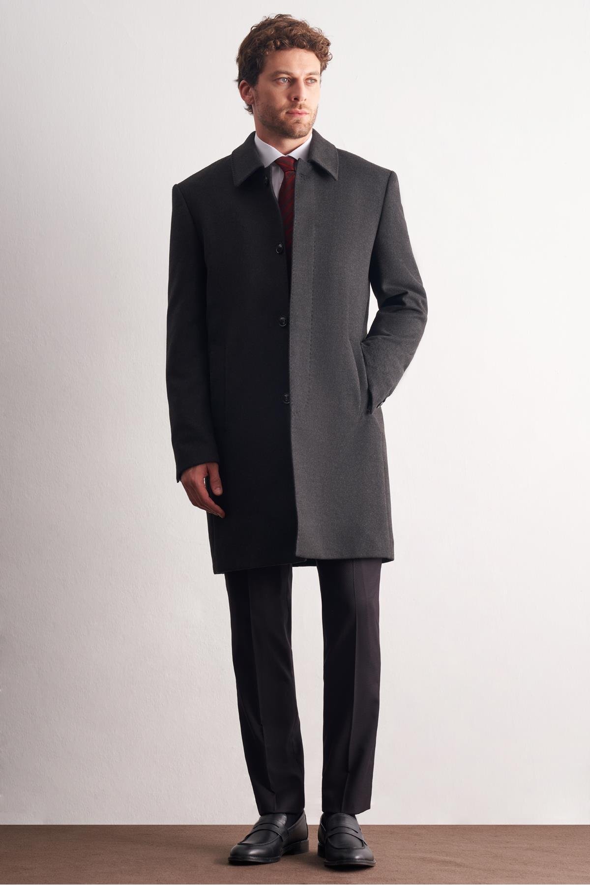 İmza  Koyu Antrasit Berberi Yaka Tam Astar Classic Comfort Fit Esnek Kaşe Palto 1005255152 - Görsel 2