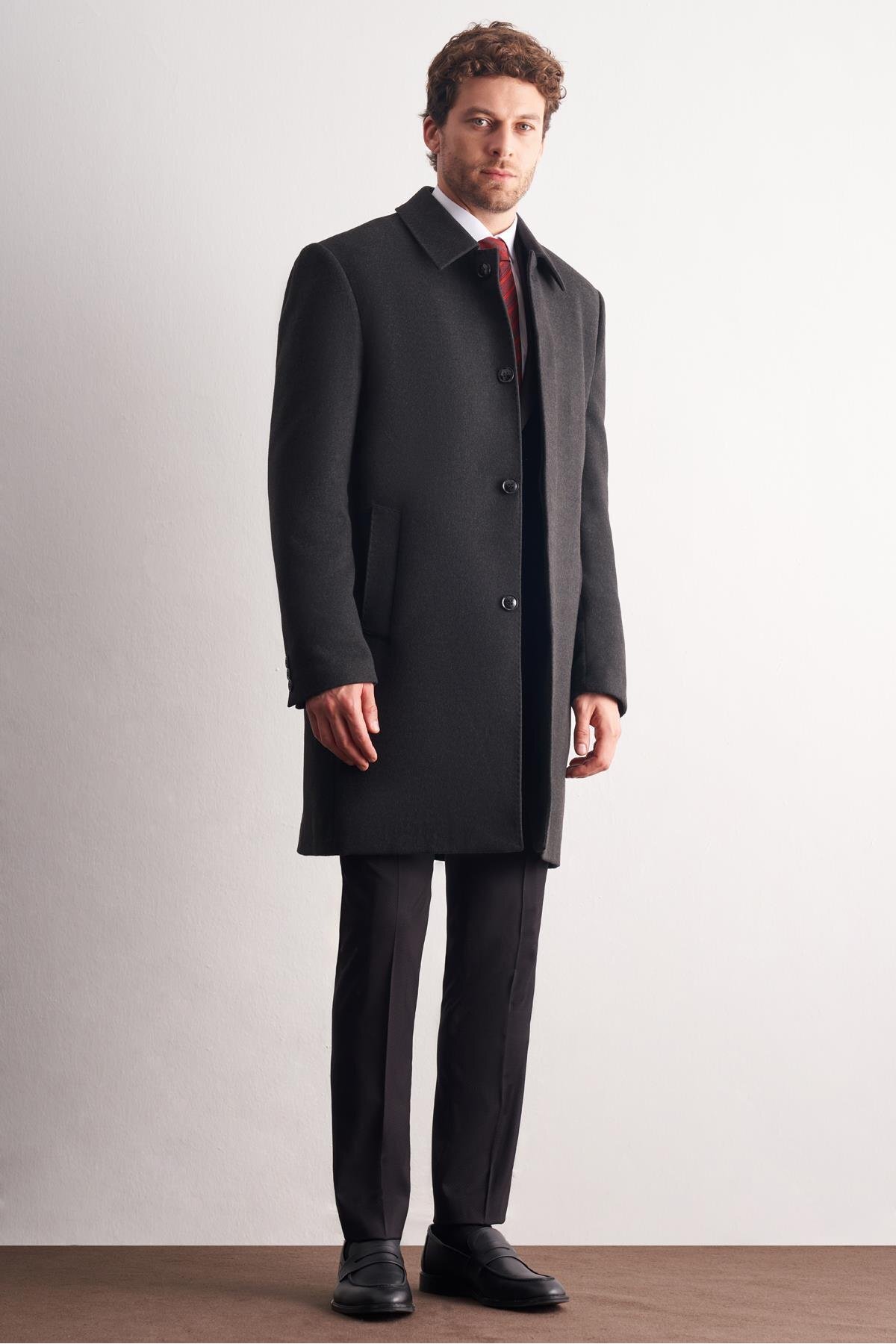 İmza  Koyu Antrasit Berberi Yaka Tam Astar Classic Comfort Fit Esnek Kaşe Palto 1005255152 - Görsel 3