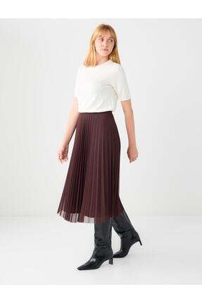 Jimmy Key Kahverengi Yüksek Bel Piliseli Rahat Kesim Midi Etek