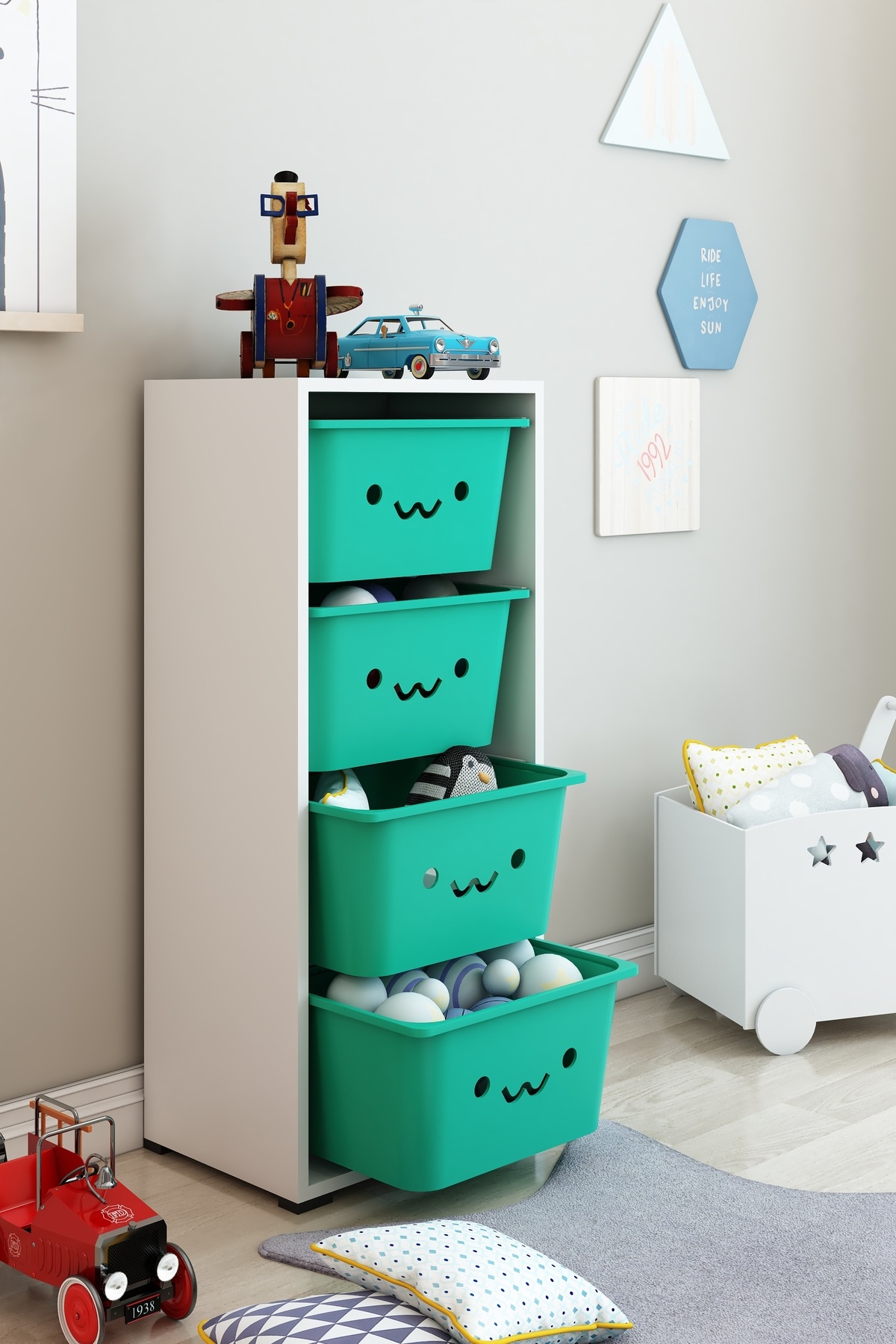 DEKOZUM KİDS 4 Large Güleryüz Sepetli Oyuncak Dolabı Oyuncak Kutusu Box