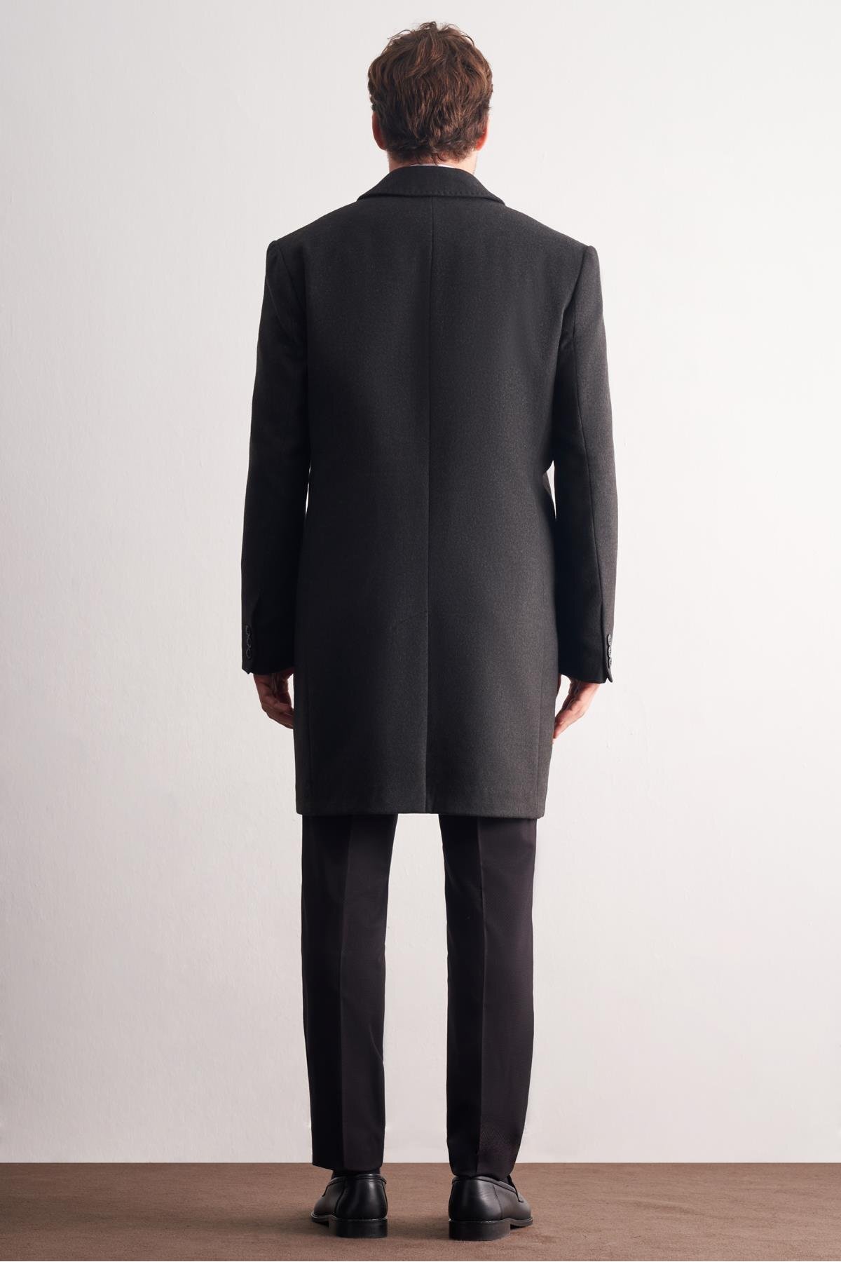 İmza  Koyu Antrasit Berberi Yaka Tam Astar Classic Comfort Fit Esnek Kaşe Palto 1005255152 - Görsel 5