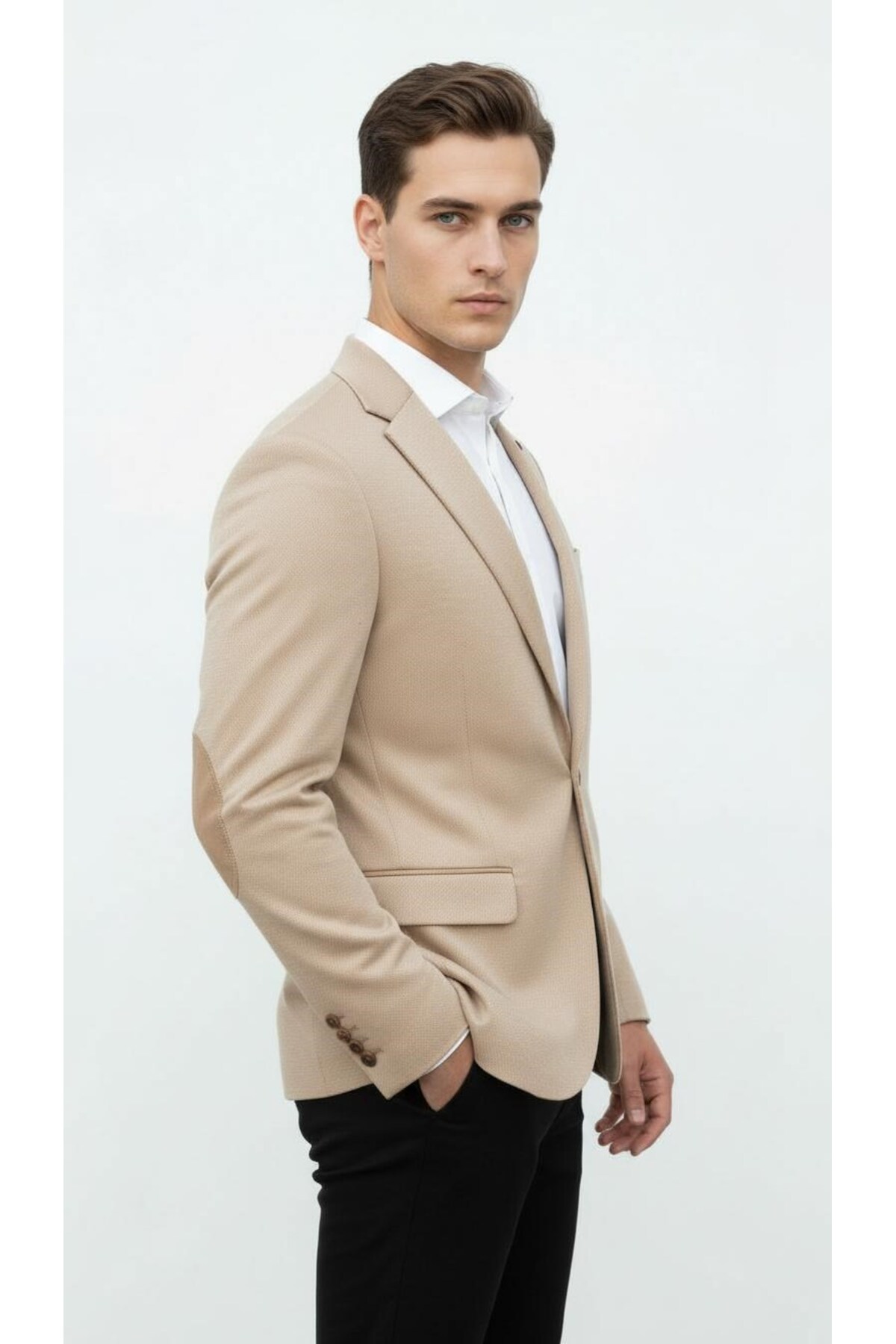 Plus Scorpion  Bej Erkek İtalyan Kesim Blazer Ceket – Kol Yamali, Slim Fit, Şık ve Modern Tasarım - Görsel 8