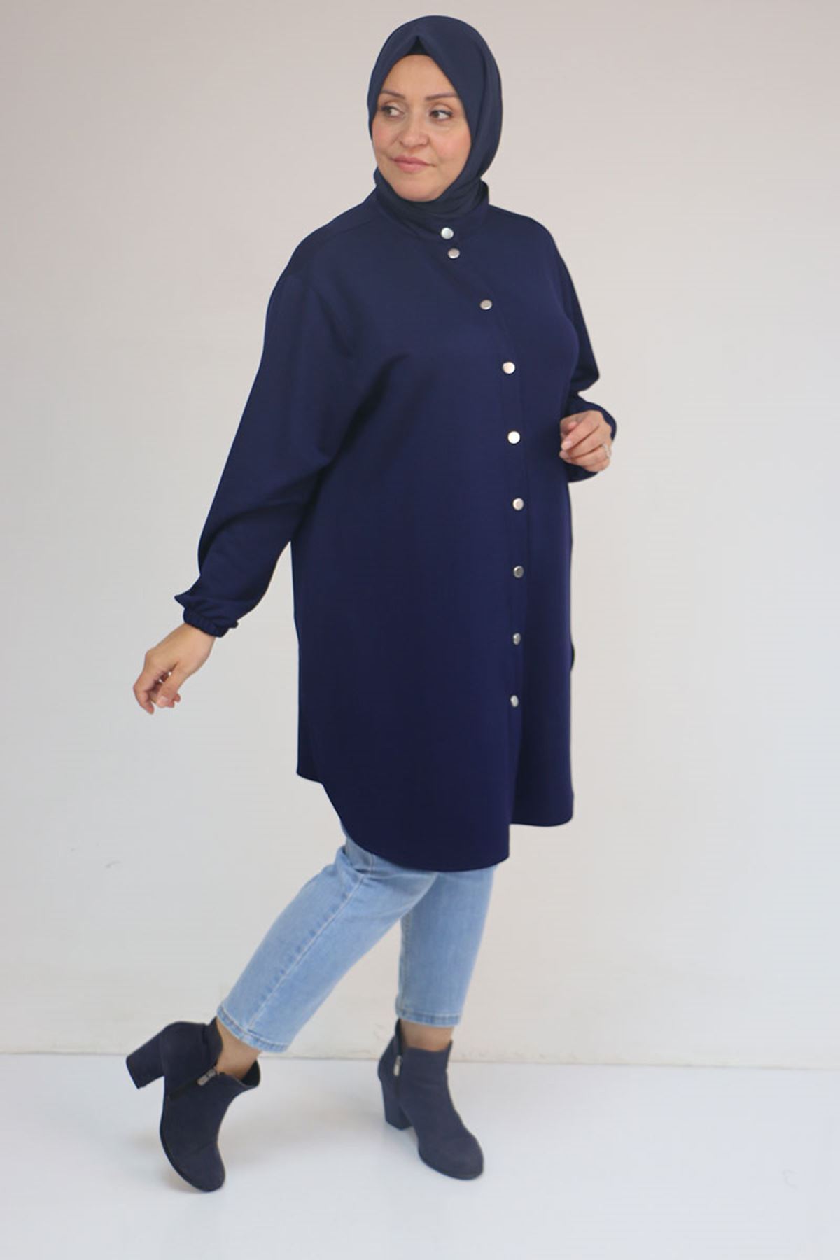 Eslina 58169 Büyük Beden Hakim Yaka Çıtçıtlı Modal Tunik - İndigo